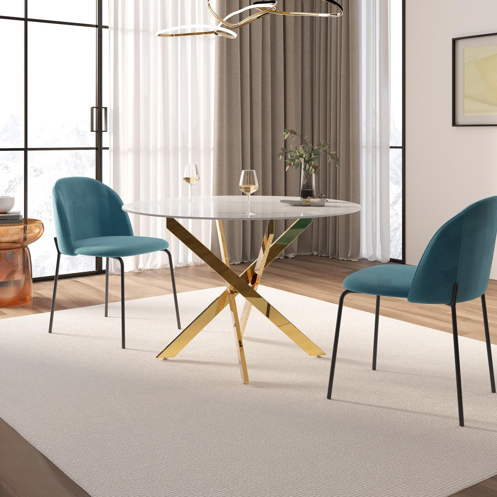 Tavolo da pranzo rotondo 120 cm piano in vetro effetto marmo bianco 10 mm e gambe incrociate oro - Noel