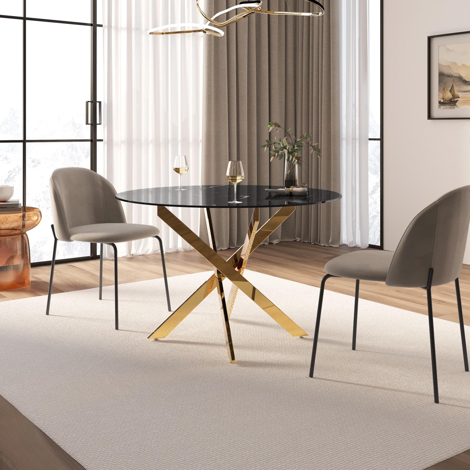 Tavolo da pranzo rotondo 120 cm piano in vetro effetto marmo nero 10 mm e gambe incrociate oro - Noel