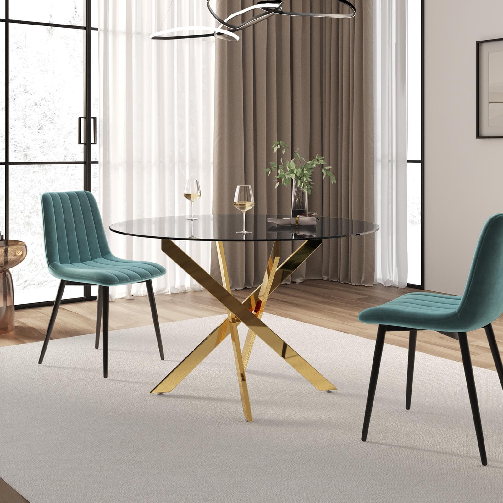 Tavolo da pranzo rotondo 120 cm piano in vetro fumè 10 mm e gambe incrociate oro - Noel