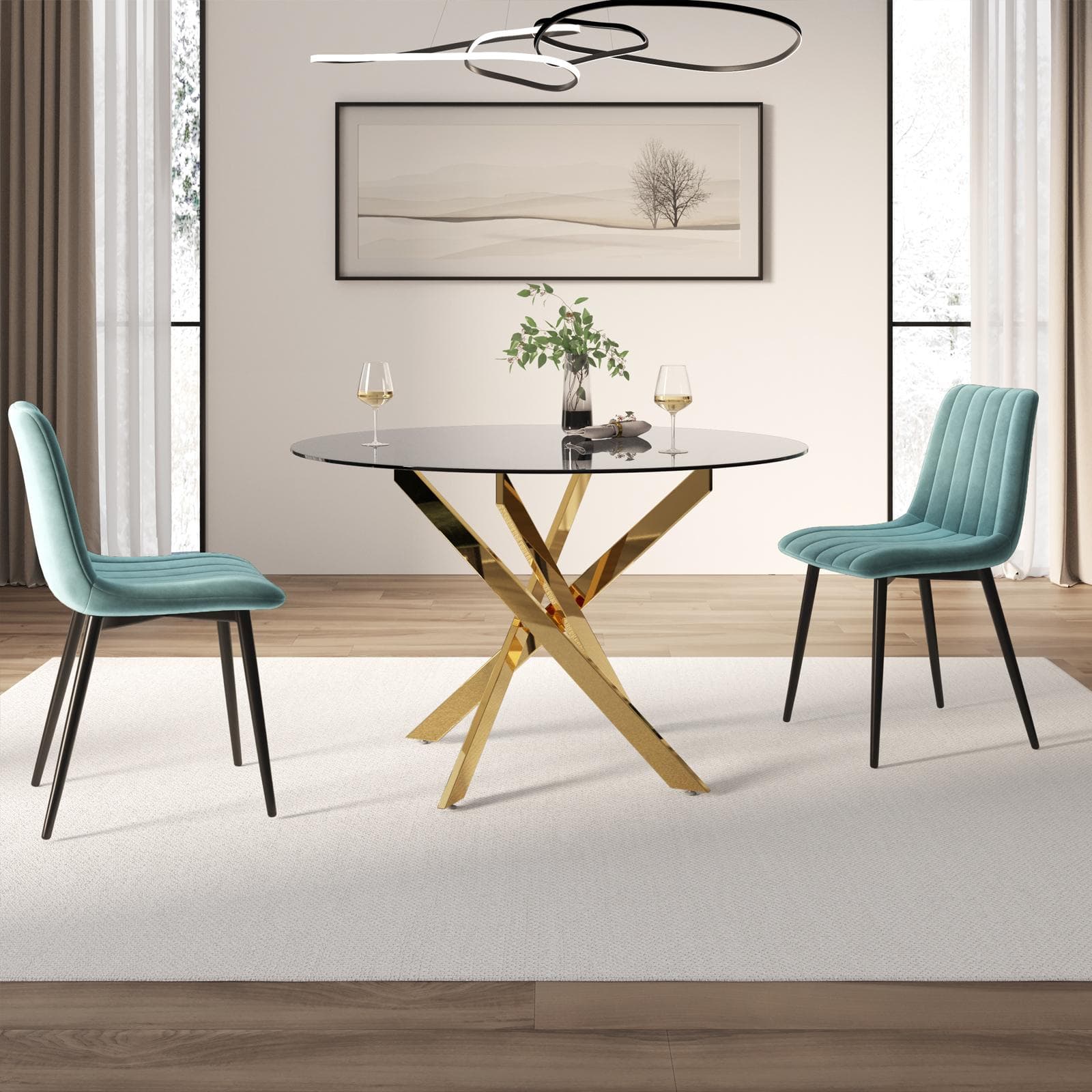 Tavolo da pranzo rotondo 120 cm piano in vetro fumè 10 mm e gambe incrociate oro - Noel