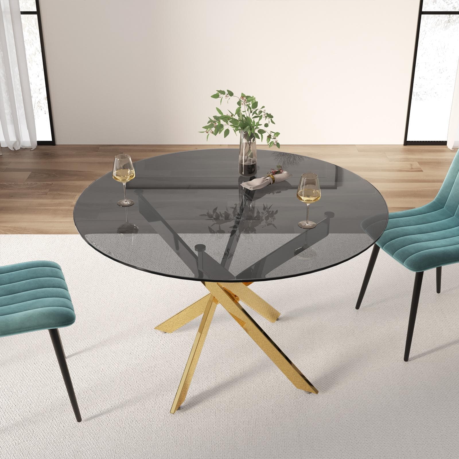 Tavolo da pranzo rotondo 120 cm piano in vetro fumè 10 mm e gambe incrociate oro - Noel
