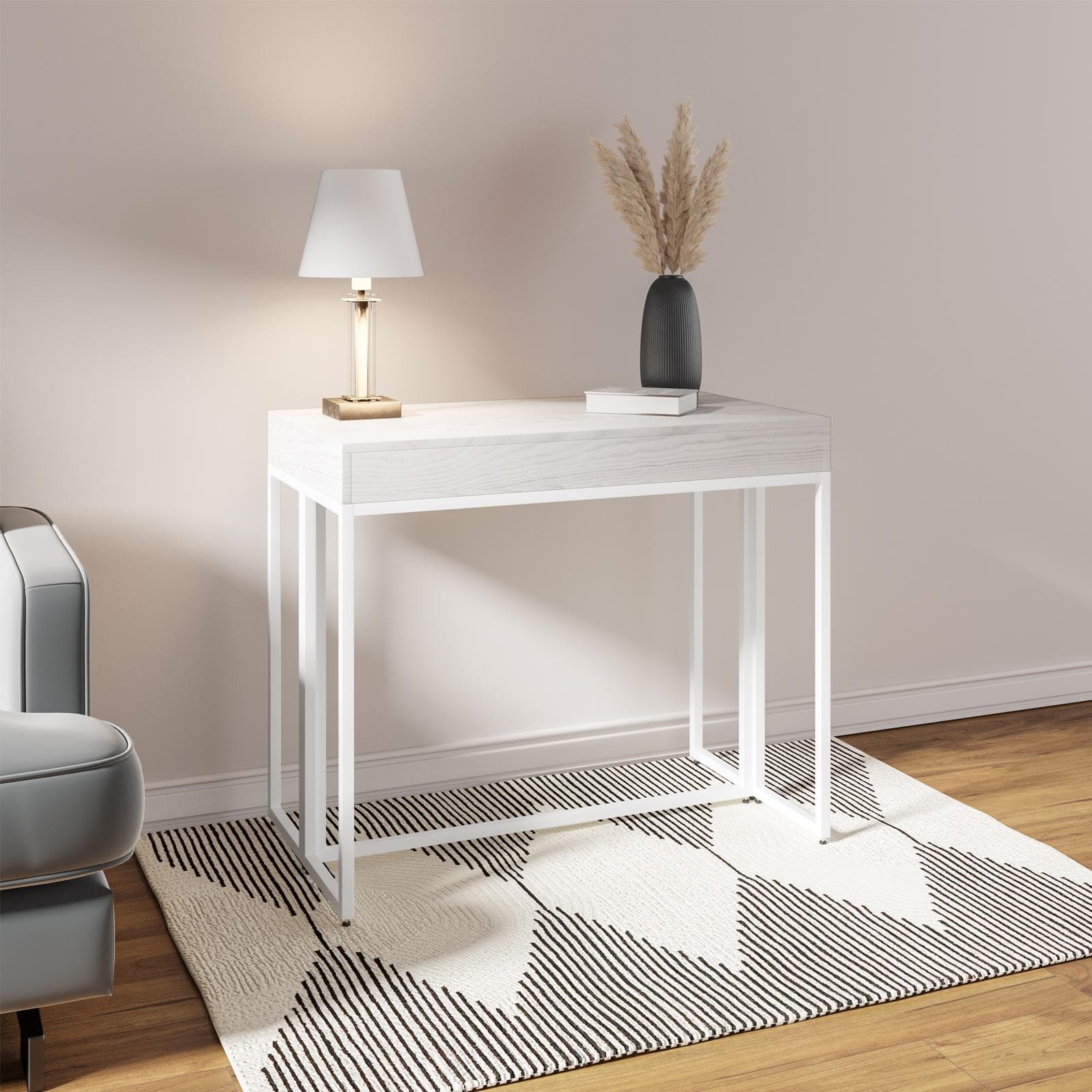 Tavolo consolle allungabile 50-185x90 cm con top in legno e struttura in metallo bianco - Breeze