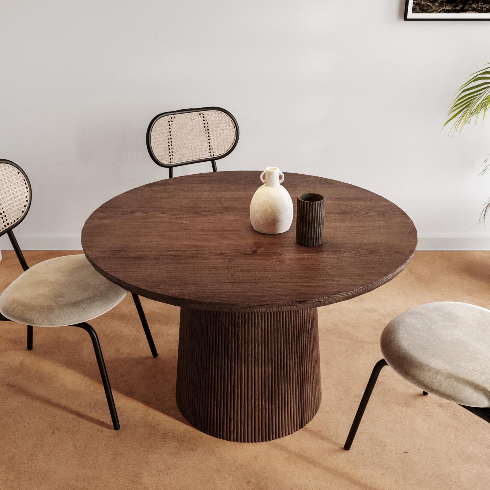 Tavolo da pranzo rotondo 120 cm in legno di mango e base cannettata - Maltese