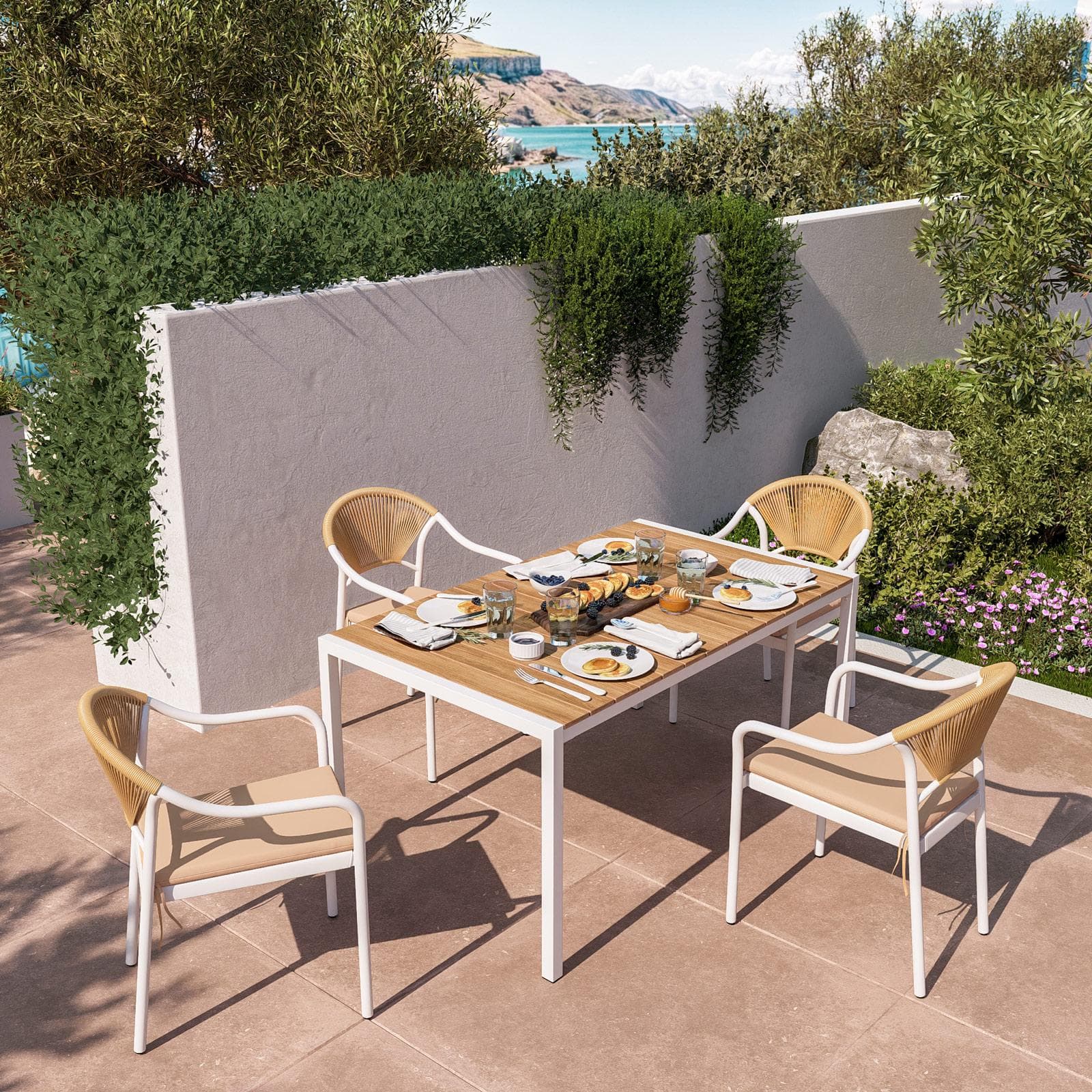 Tavolo da esterno 150x90 cm in acciaio bianco con top effetto legno - Chrysler