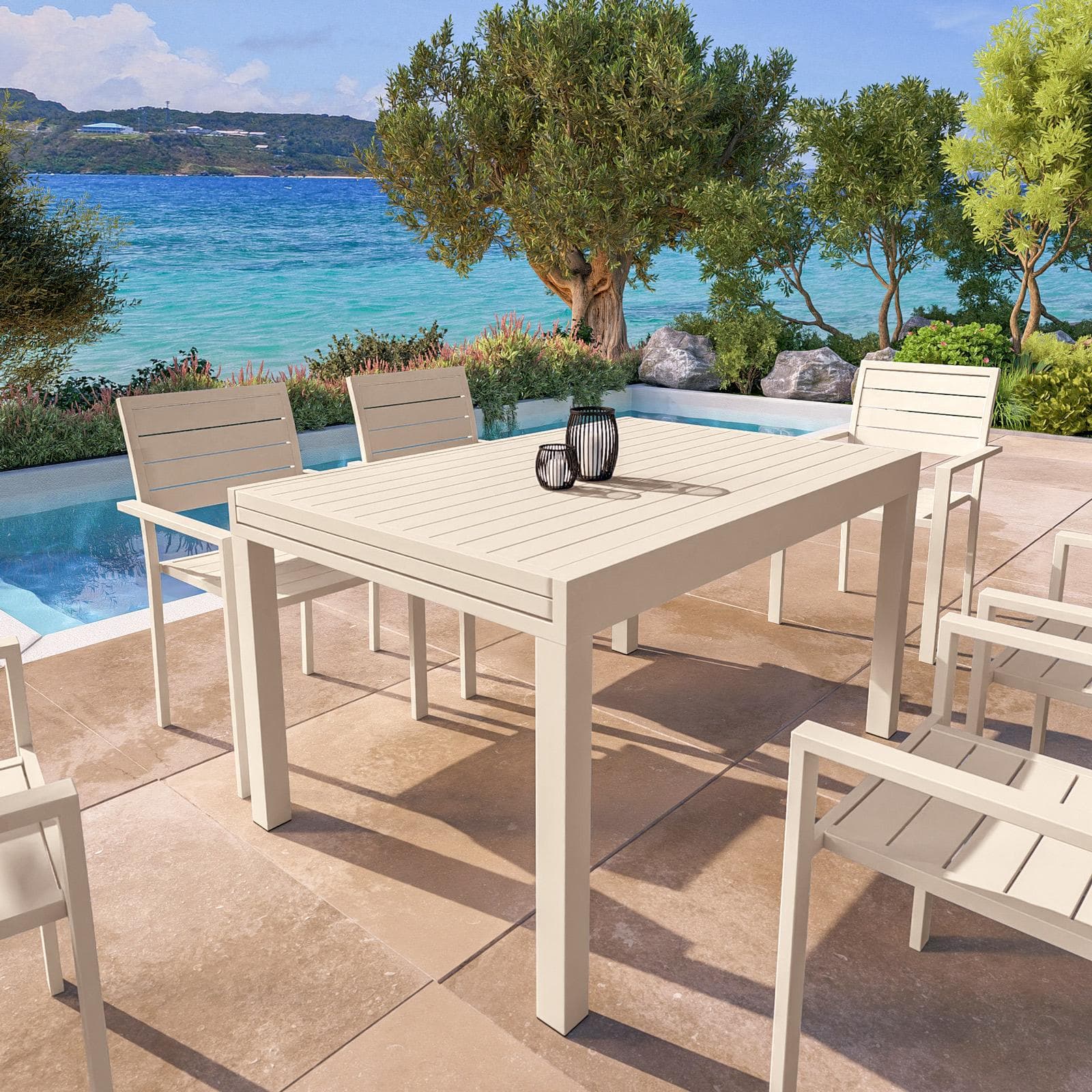 Tavolo da esterno allungabile 135/270x90 cm in alluminio vaniglia con top a doghe - Carioca