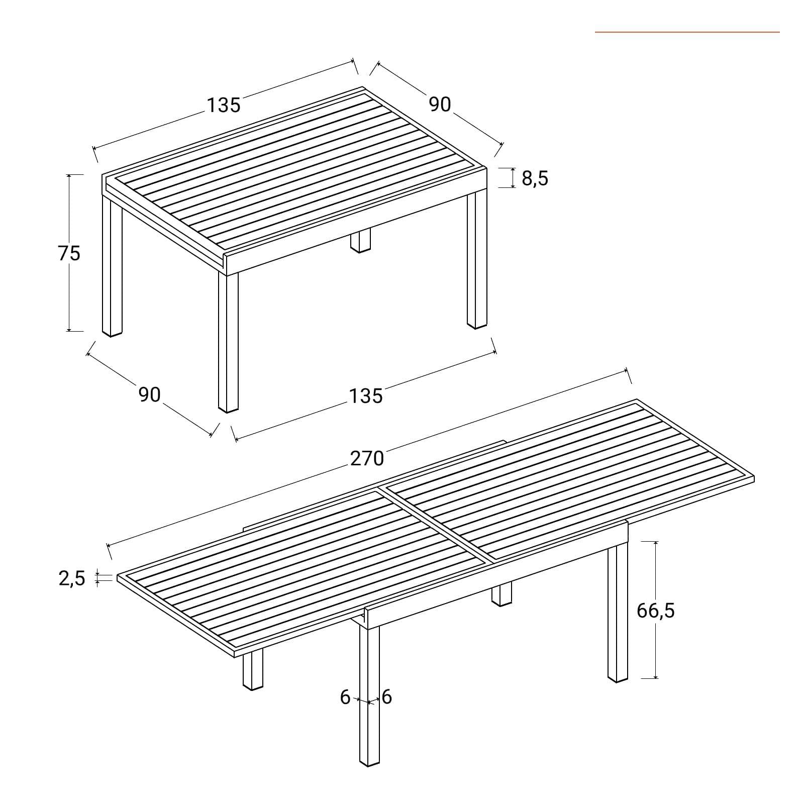 Tavolo da esterno allungabile 135/270x90 cm in alluminio vaniglia con top a doghe - Carioca