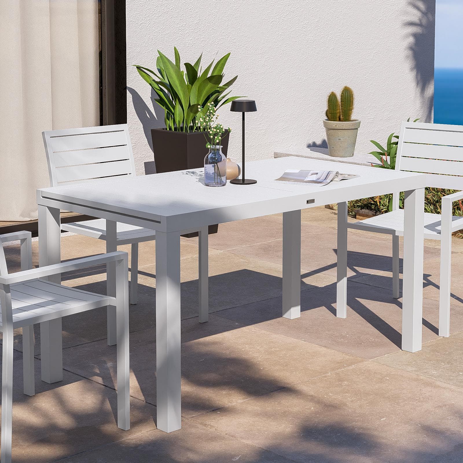 Tavolo da esterno allungabile 140/210x77 cm in alluminio bianco con top a doghe - Carioca