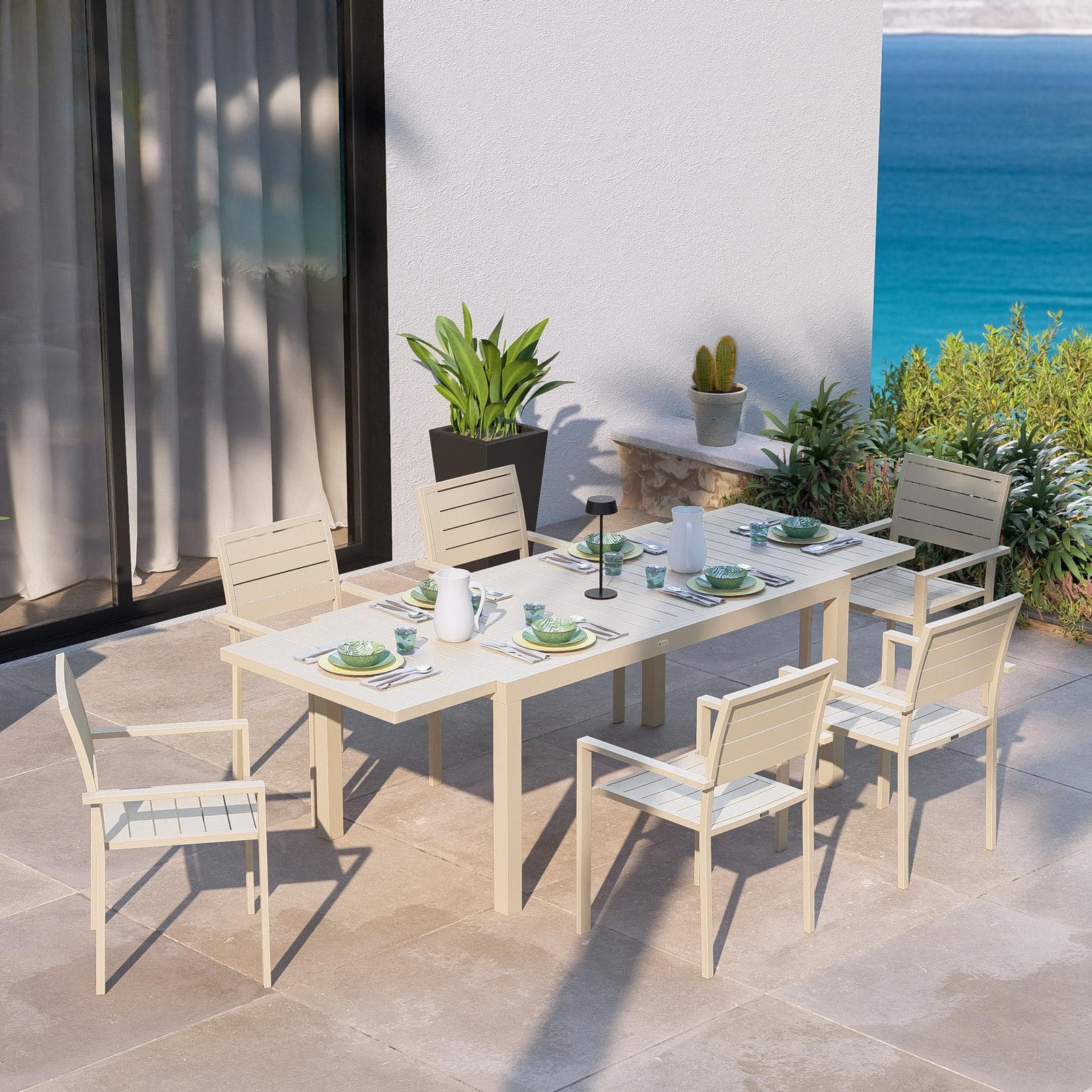 Tavolo da esterno allungabile 160/240x90 cm in alluminio vaniglia con top a doghe - Carioca
