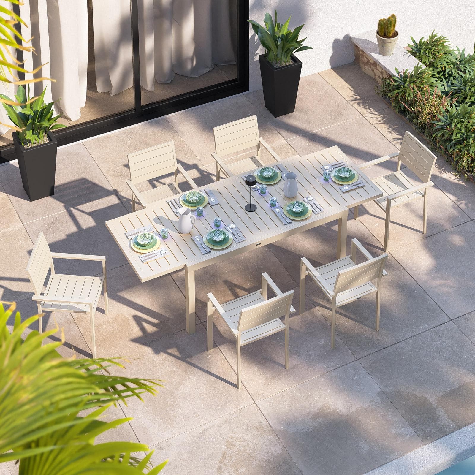 Tavolo da esterno allungabile 160/240x90 cm in alluminio vaniglia con top a doghe - Carioca