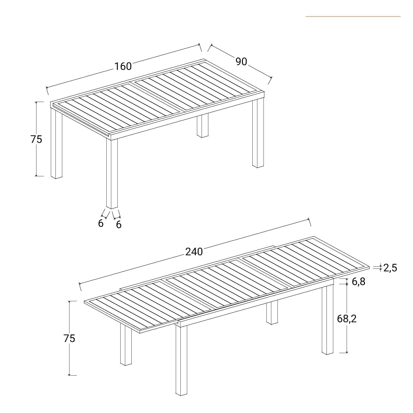 Tavolo da esterno allungabile 160/240x90 cm in alluminio vaniglia con top a doghe - Carioca