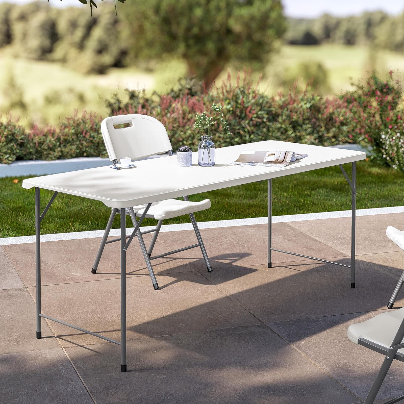 Tavolo da catering pieghevole 180x70 cm con gambe ad L in acciaio grigio opaco e top in resina bianco - Tasfa