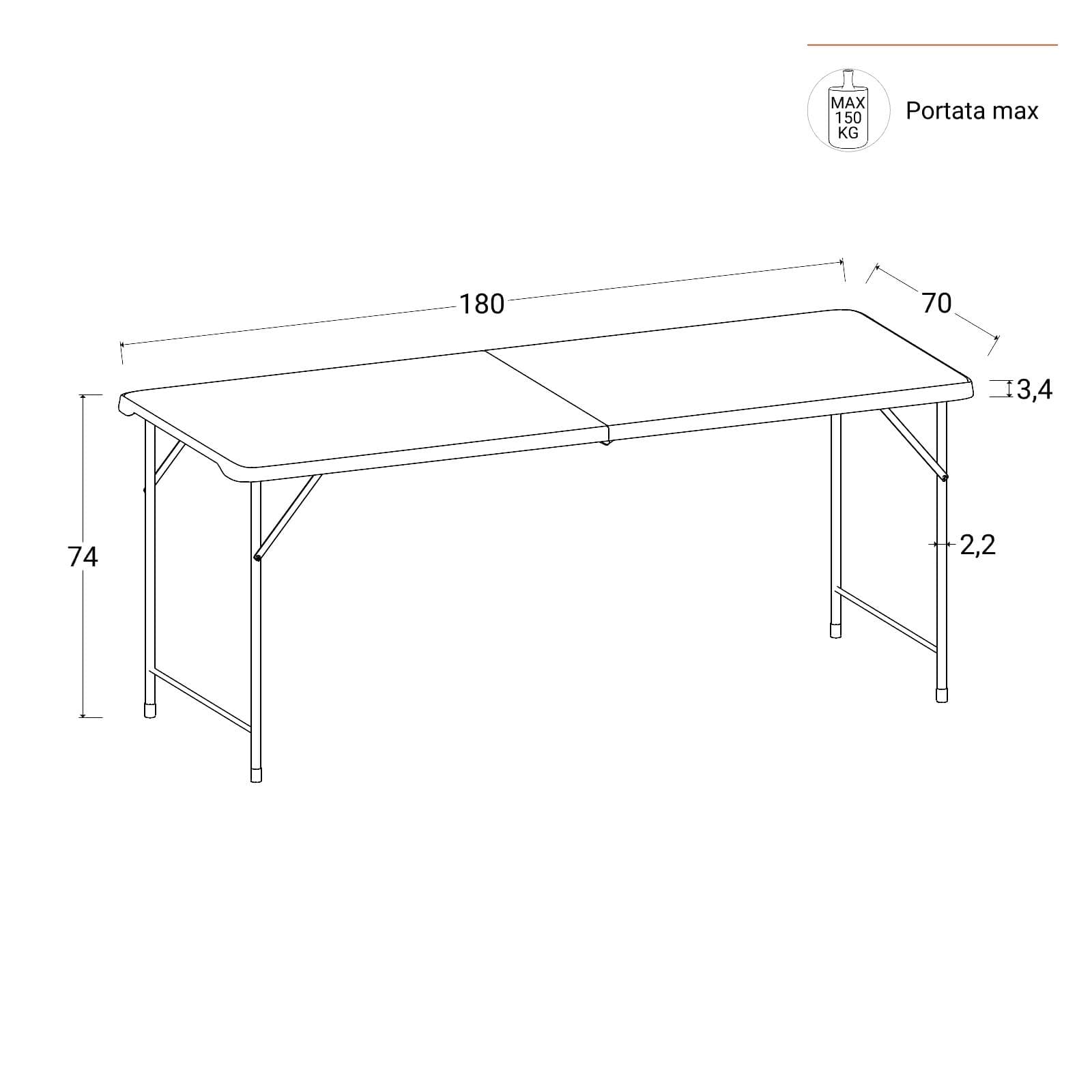 Tavolo da catering pieghevole 180x70 cm con gambe ad L in acciaio grigio opaco e top in resina bianco - Tasfa