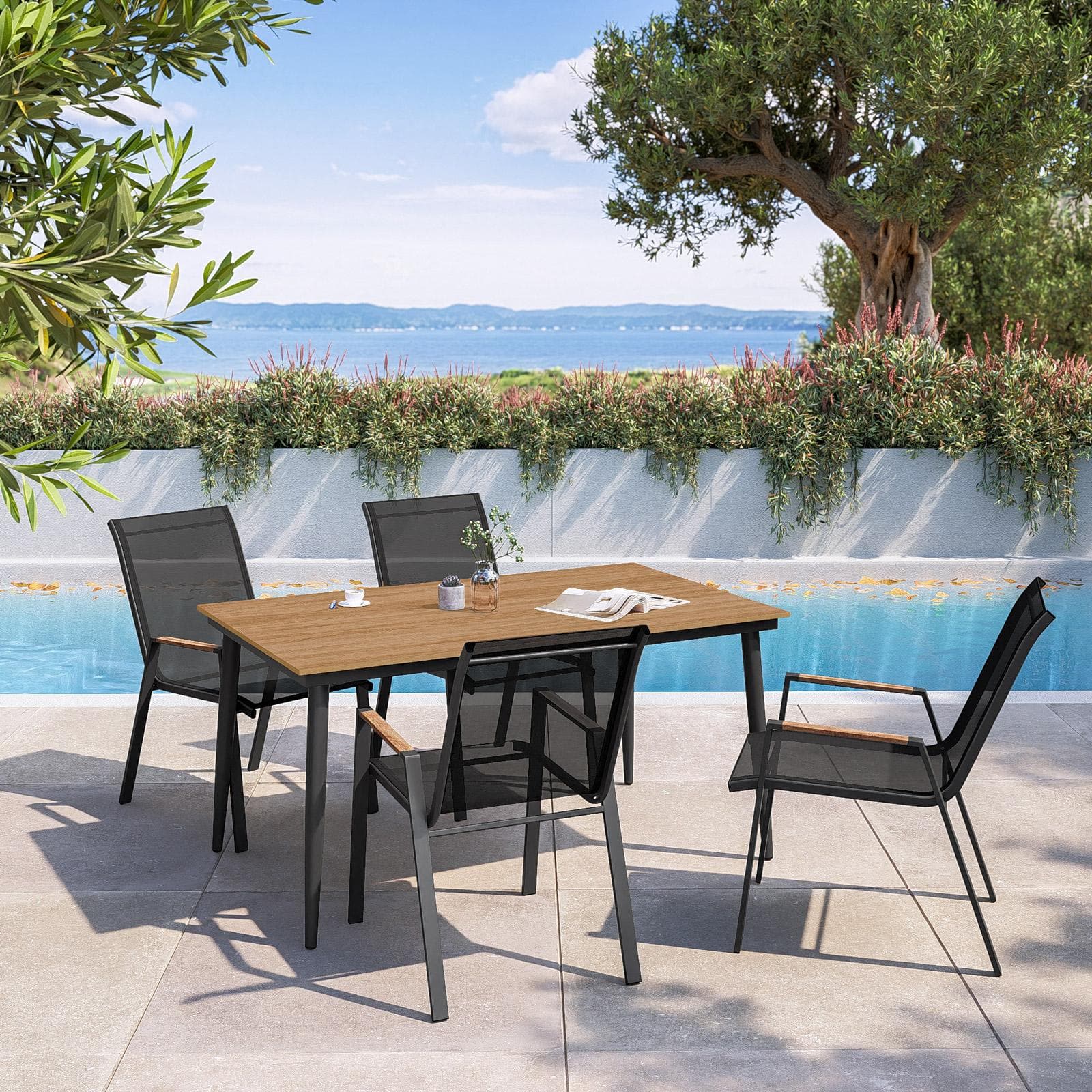 Tavolo da giardino 150x90 cm in acciaio antracite e top effetto legno - Zasyl