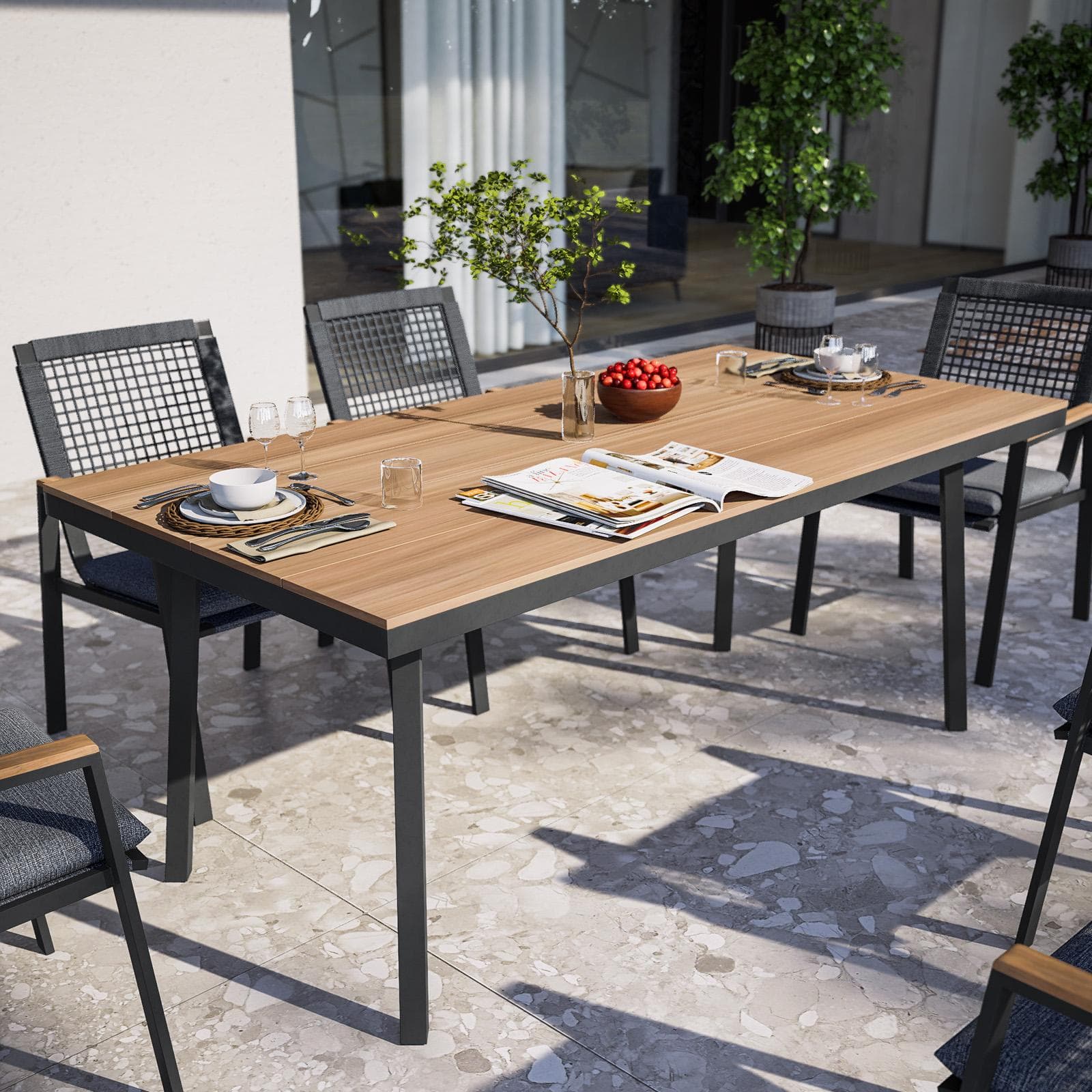 Tavolo da giardino 180x90 cm con top effetto legno e struttura in metallo antracite - Ibisco