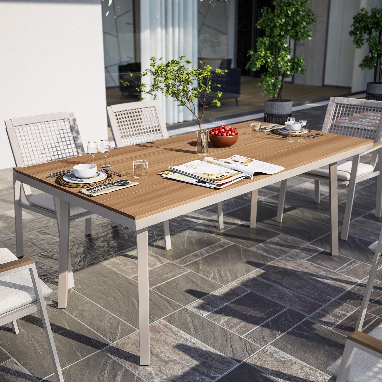Tavolo da giardino 180x90 cm con top effetto legno e struttura in metallo tortora - Ibisco