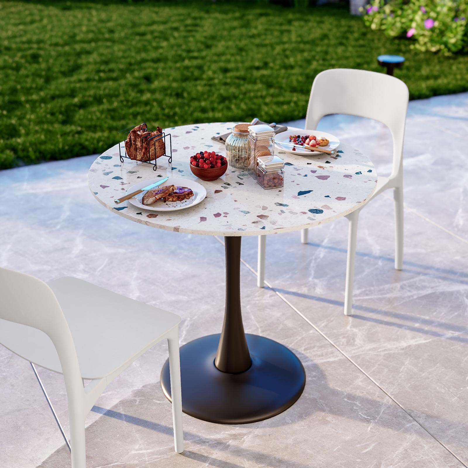 Tavolo rotondo da giardino 80 cm metallo nero e top effetto terrazzo veneziano - Tulipano