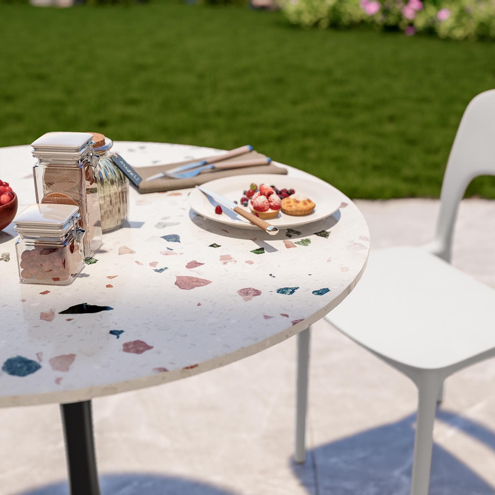 Tavolo rotondo da giardino 80 cm metallo nero e top effetto terrazzo veneziano - Tulipano