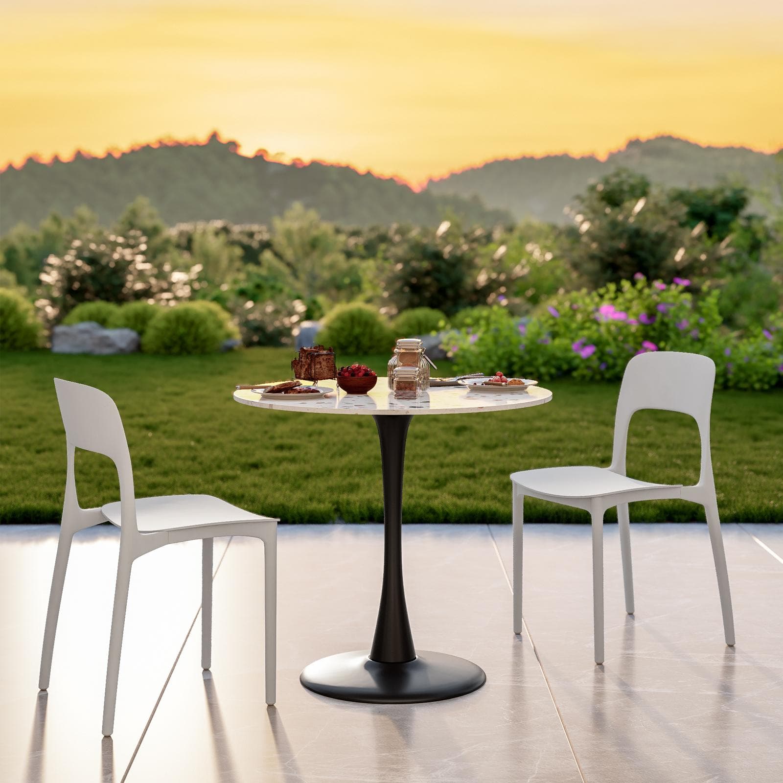 Tavolo rotondo da giardino 80 cm metallo nero e top effetto terrazzo veneziano - Tulipano