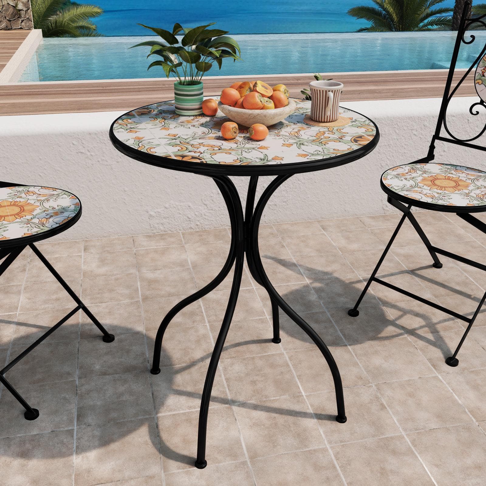 Tavolo da giardino rotondo 60 cm con decorazione mosaico a fiori arancio - Otranto