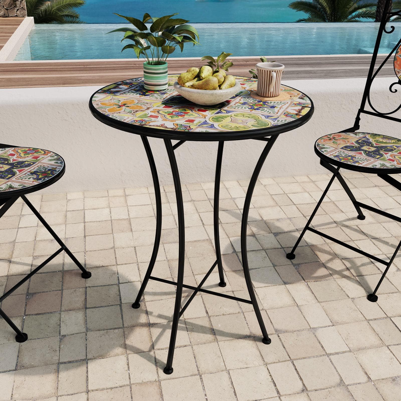 Tavolo da giardino rotondo 60 cm con decorazione mosaico a fiori multicolore - Otranto