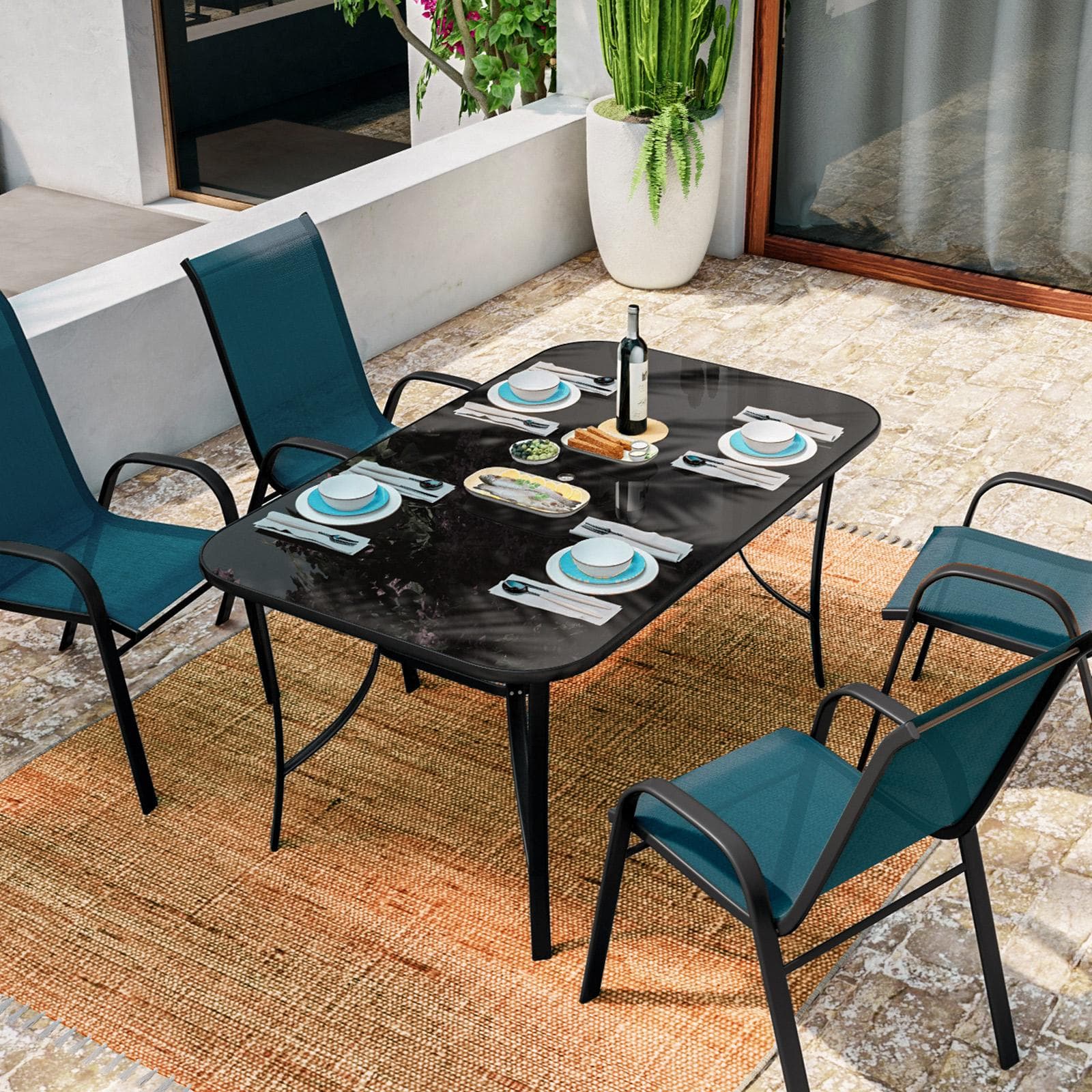 Tavolo da pranzo con top in vetro 150x90 cm in acciaio antracite con foro ombrellone - Ninfa