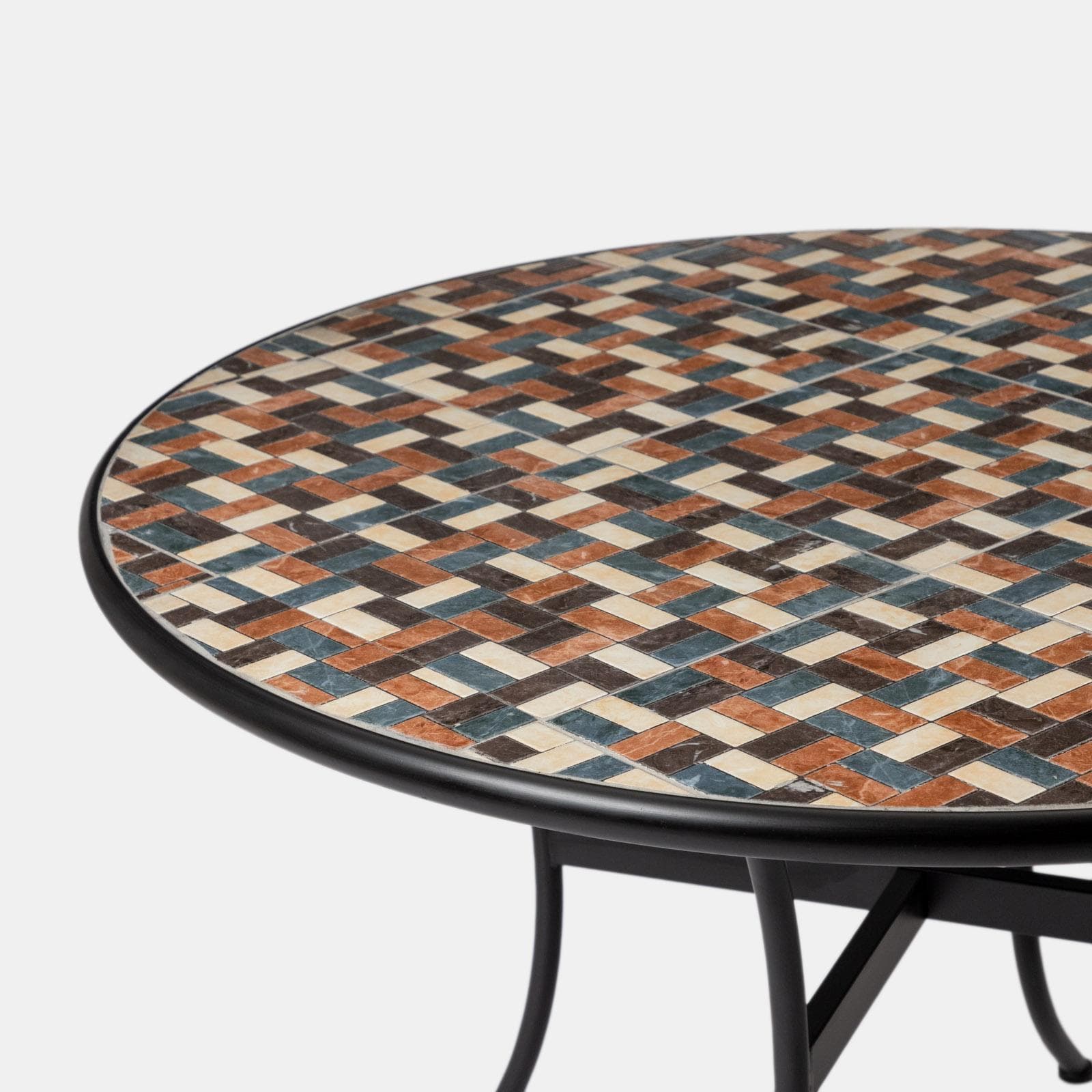 Tavolo da giardino rotondo 110 cm in metallo nero con mosaico patchwork in ceramica - Otranto