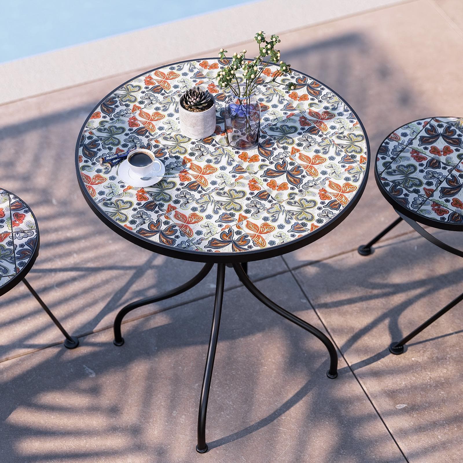 Tavolo da giardino rotondo 60 cm in metallo nero con mosaico floreale in ceramica - Otranto