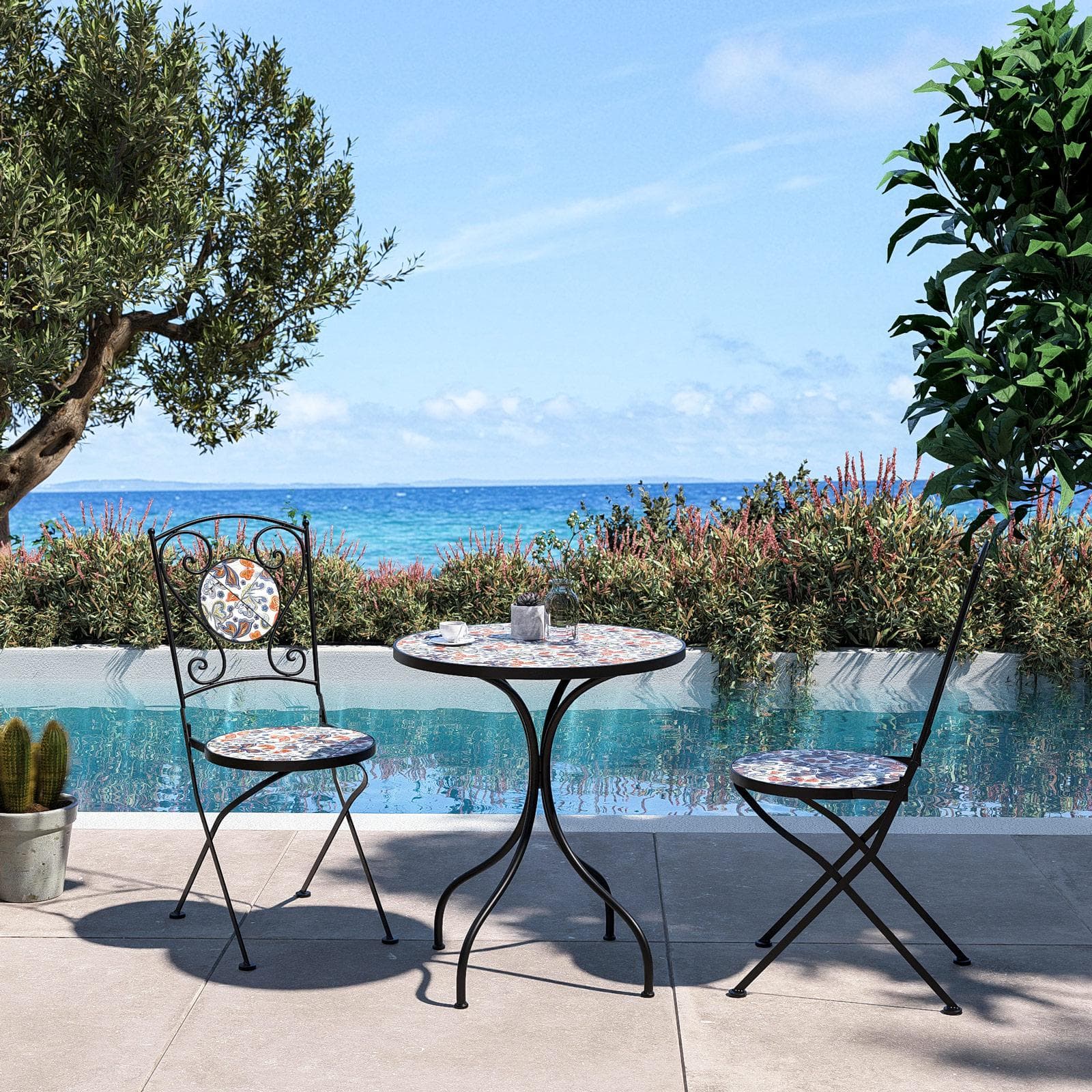 Tavolo da giardino rotondo 60 cm in metallo nero con mosaico floreale in ceramica - Otranto