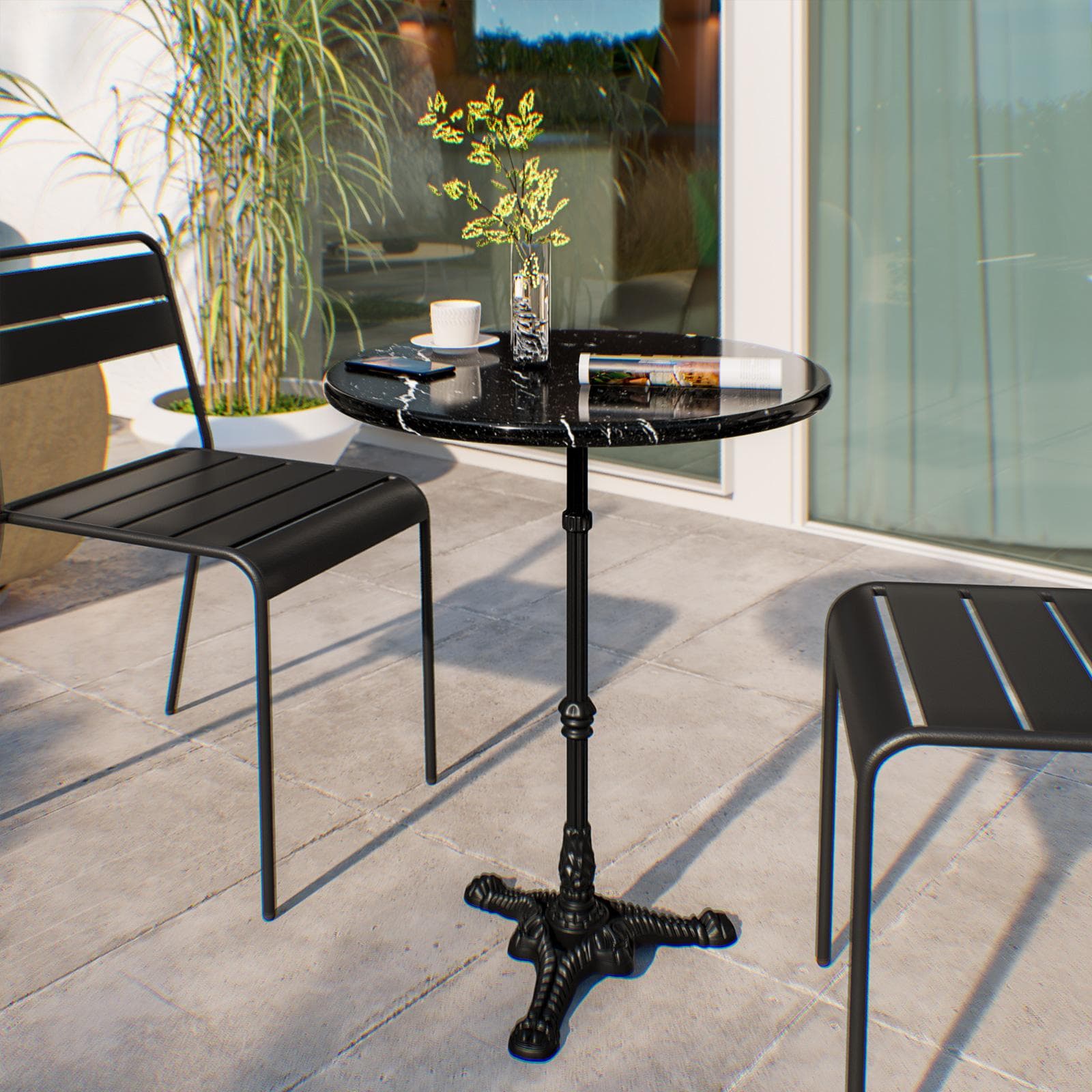 Tavolo da giardino rotondo 60 cm con top in marmo nero e struttura nera - Gordon