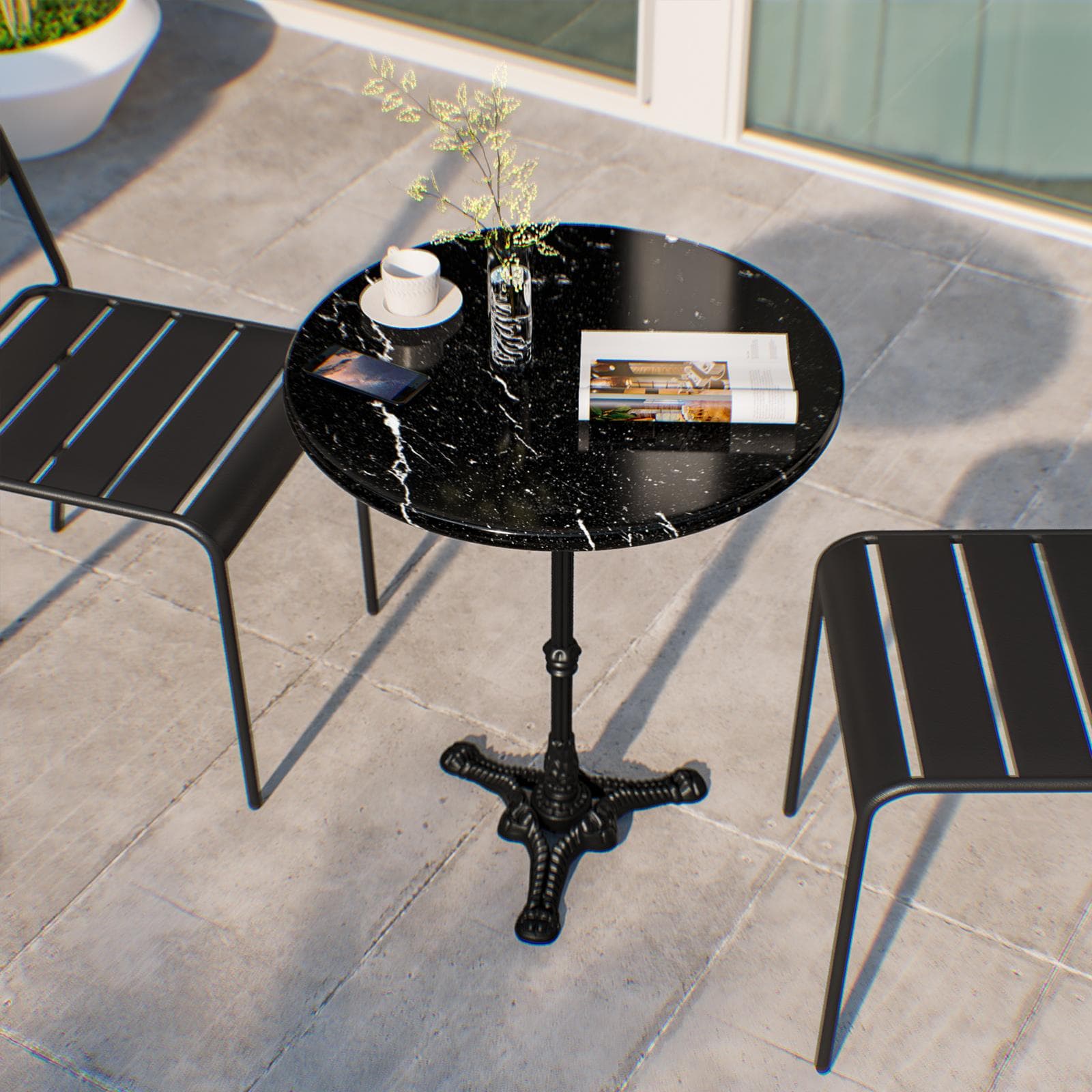 Tavolo da giardino rotondo 60 cm con top in marmo nero e struttura nera - Gordon