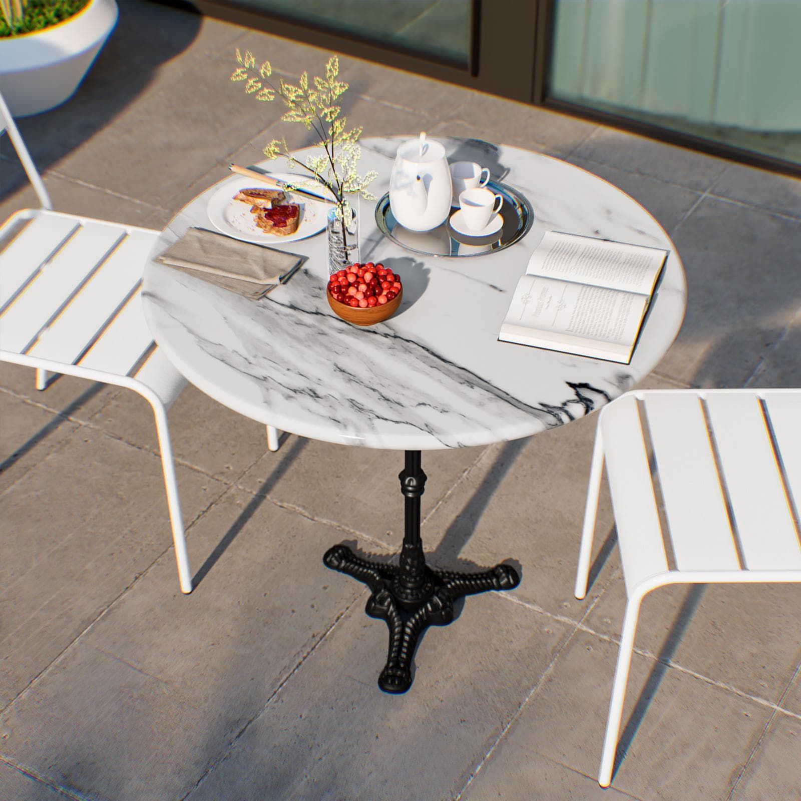 Tavolo da giardino rotondo 80 cm con top in marmo bianco e struttura nera - Gordon