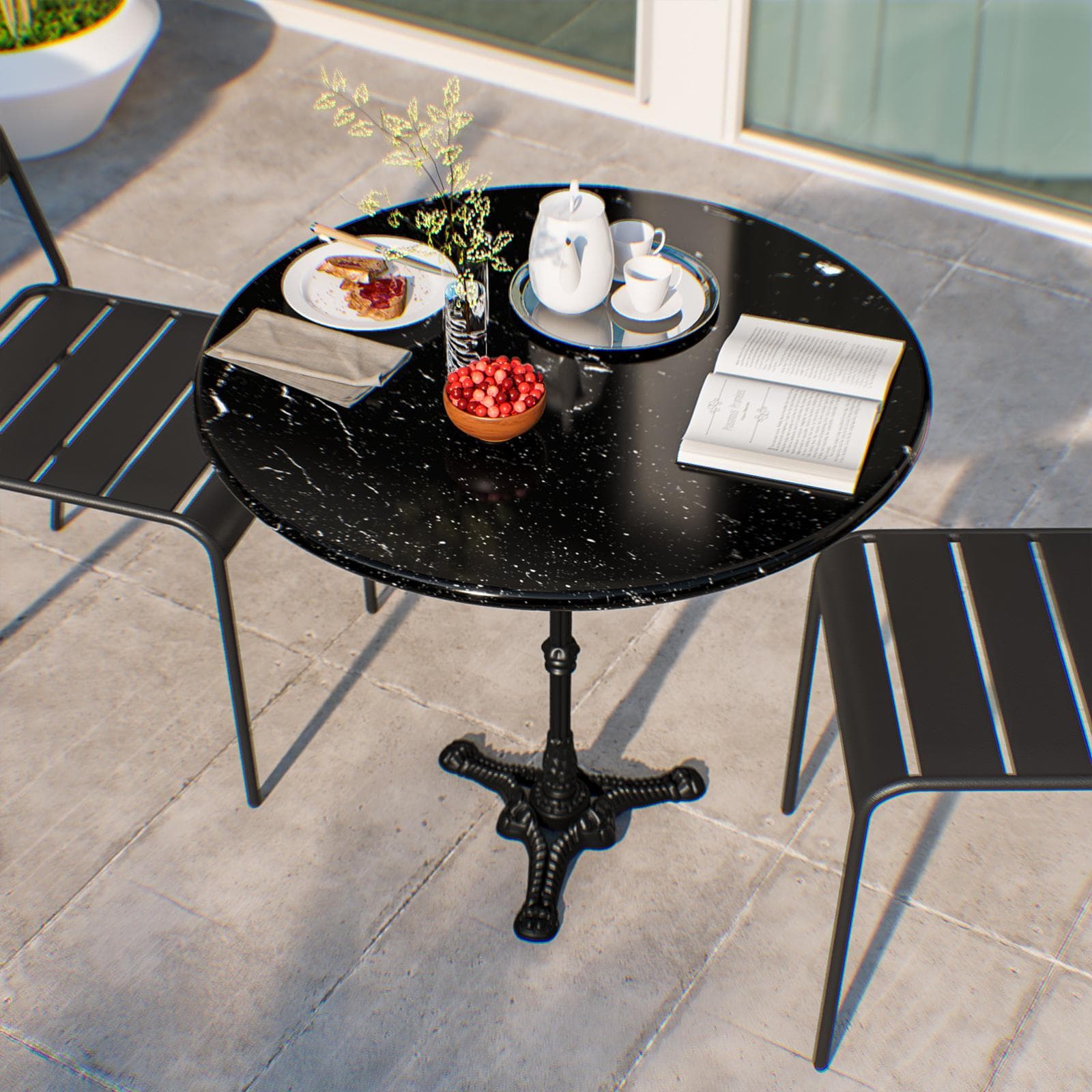 Tavolo da giardino rotondo 80 cm con top in marmo nero e struttura nera - Gordon