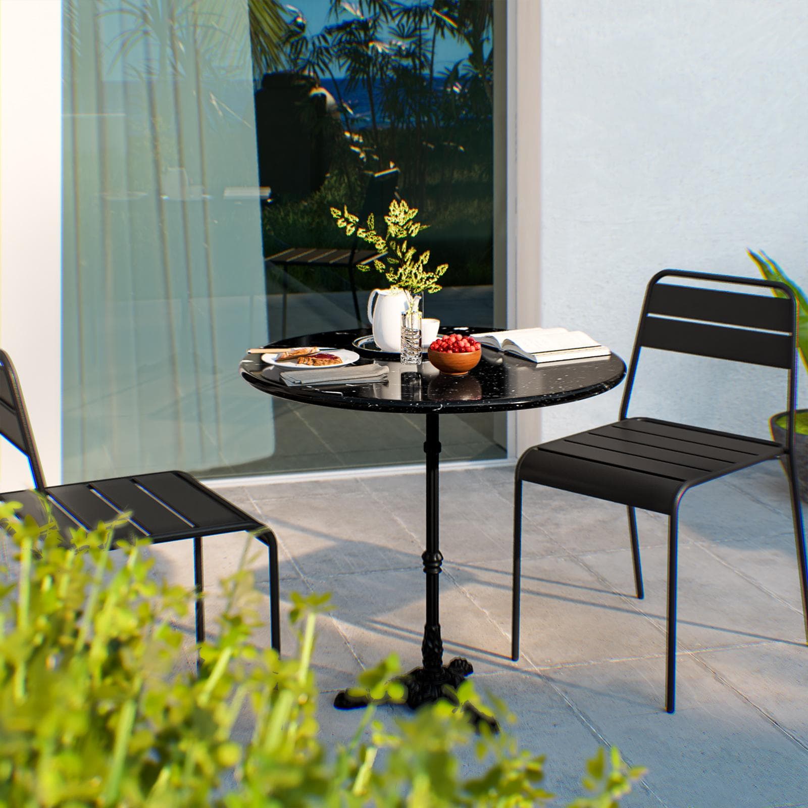Tavolo da giardino rotondo 80 cm con top in marmo nero e struttura nera - Gordon