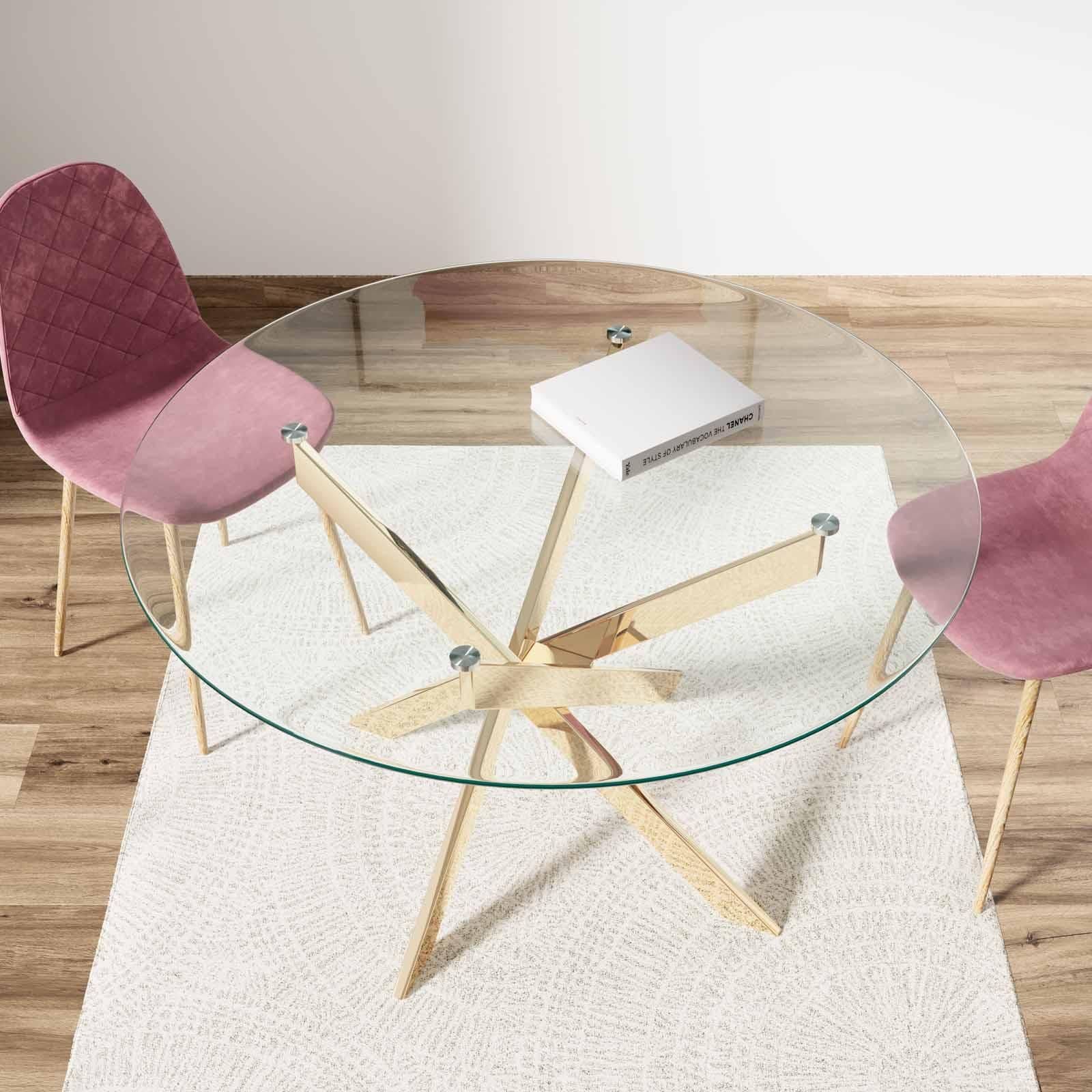 Tavolo da pranzo rotondo 120 cm piano in vetro trasparente 10 mm e gambe incrociate oro - Noel