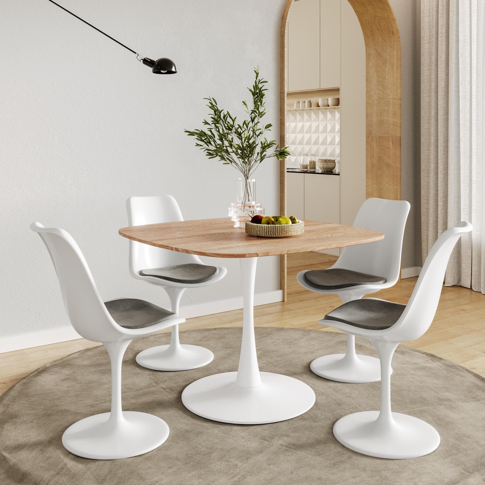 Tavolo da pranzo 100x100 cm top effetto rovere e base in metallo bianco - Tulipano Square