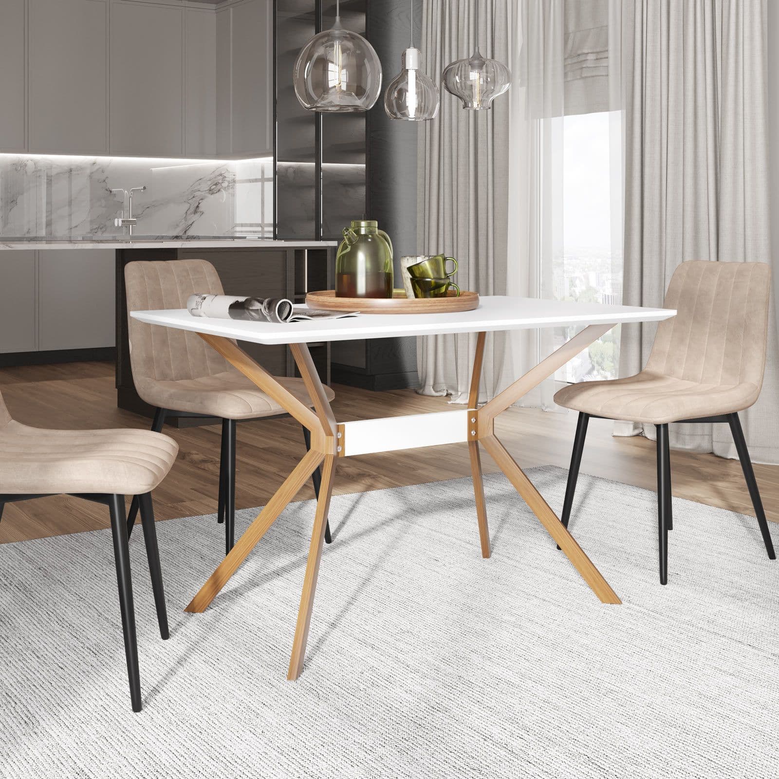 Tavolo da pranzo 120X75 cm con top in legno bianco e gambe in metallo effetto legno - Larson