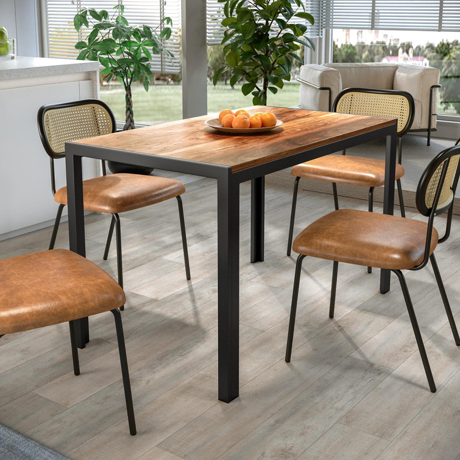 Tavolo da pranzo 120x70 cm con top effetto rovere e gambe in metallo nero - Vigore