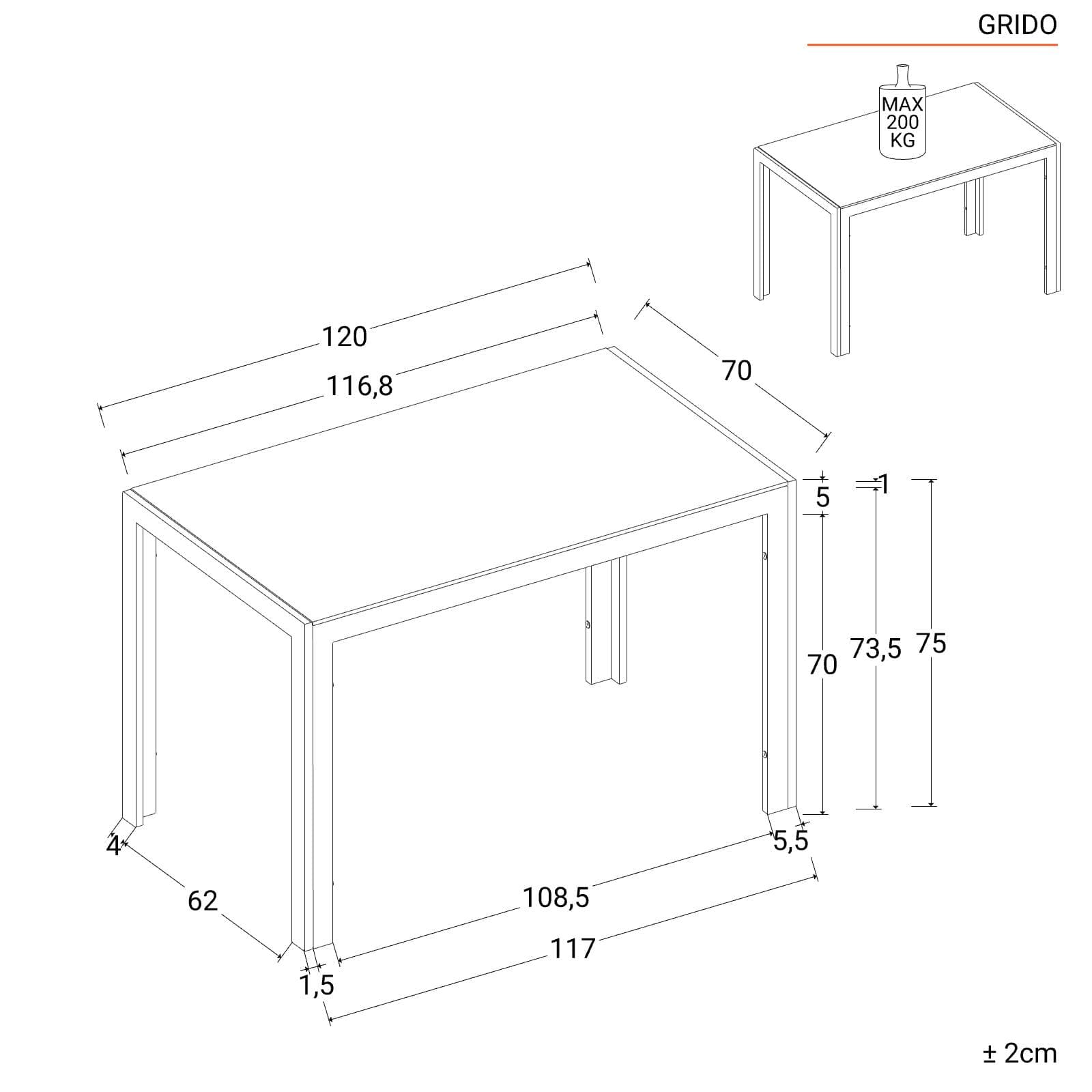 Tavolo da pranzo 120x70 cm piano in vetro temperato e gambe in metallo grigie - Grido