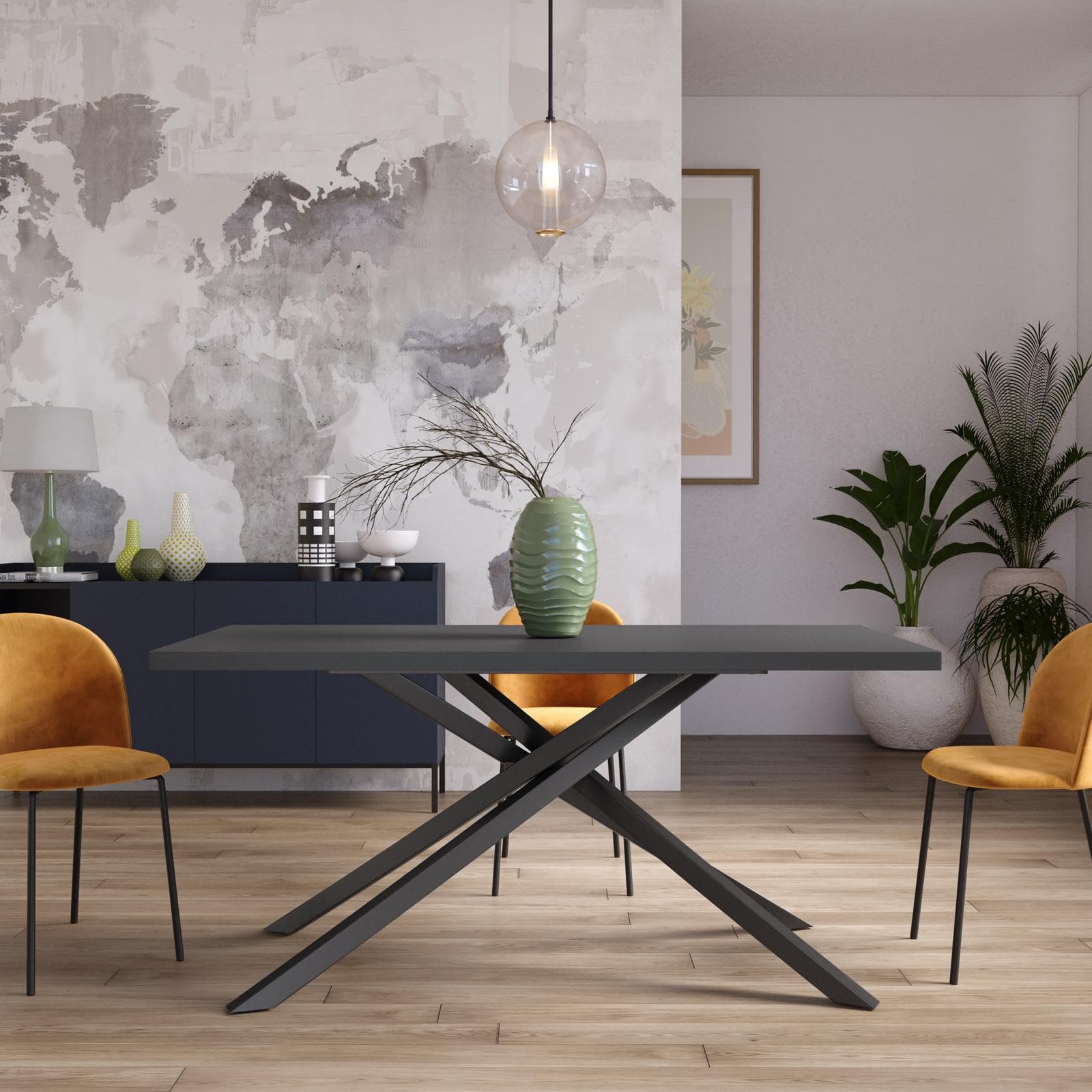 Tavolo da pranzo 150x70 cm top antracite 38 mm e gambe incrociate in metallo nero – Arkeo
