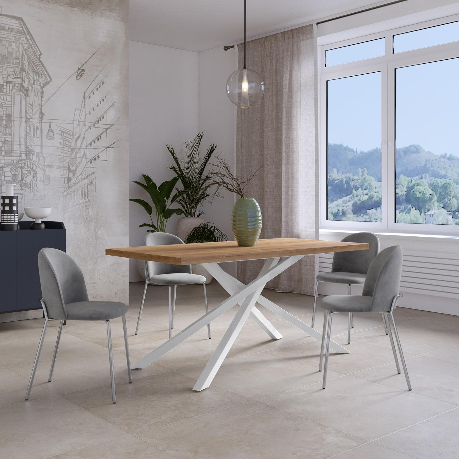 Tavolo da pranzo 150x70 cm top effetto rovere gold 38 mm e gambe incrociate in metallo bianco – Arkeo