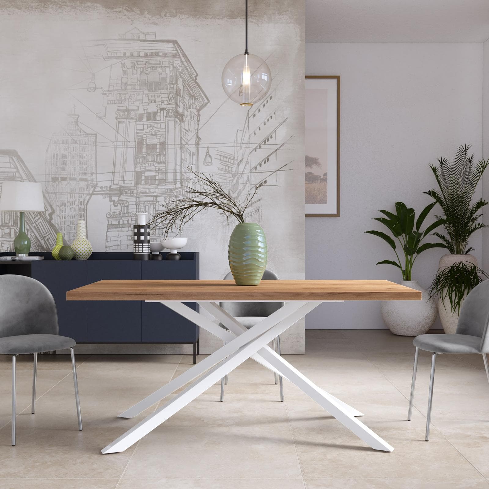 Tavolo da pranzo 150x70 cm top effetto rovere gold 38 mm e gambe incrociate in metallo bianco – Arkeo