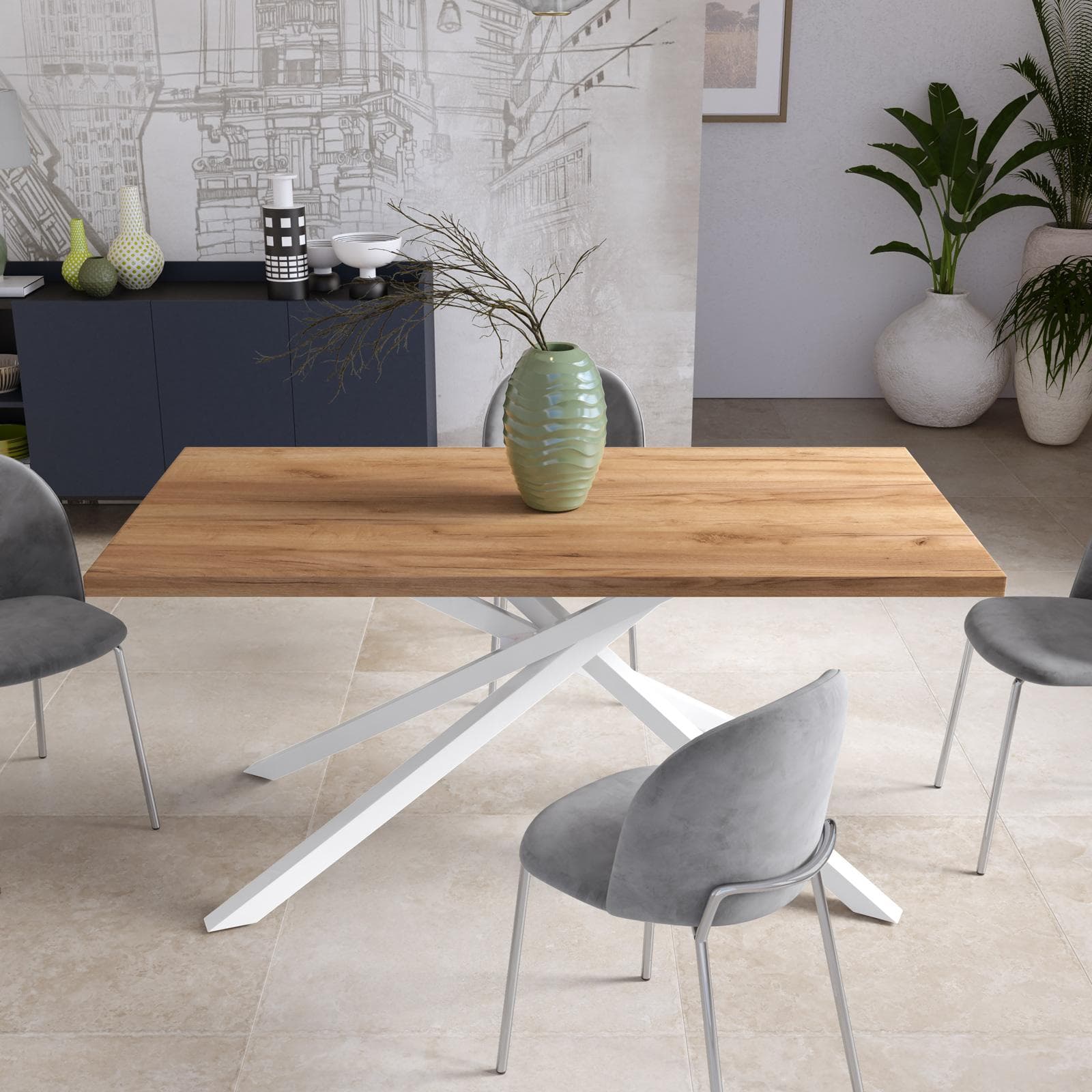 Tavolo da pranzo 150x70 cm top effetto rovere gold 38 mm e gambe incrociate in metallo bianco – Arkeo