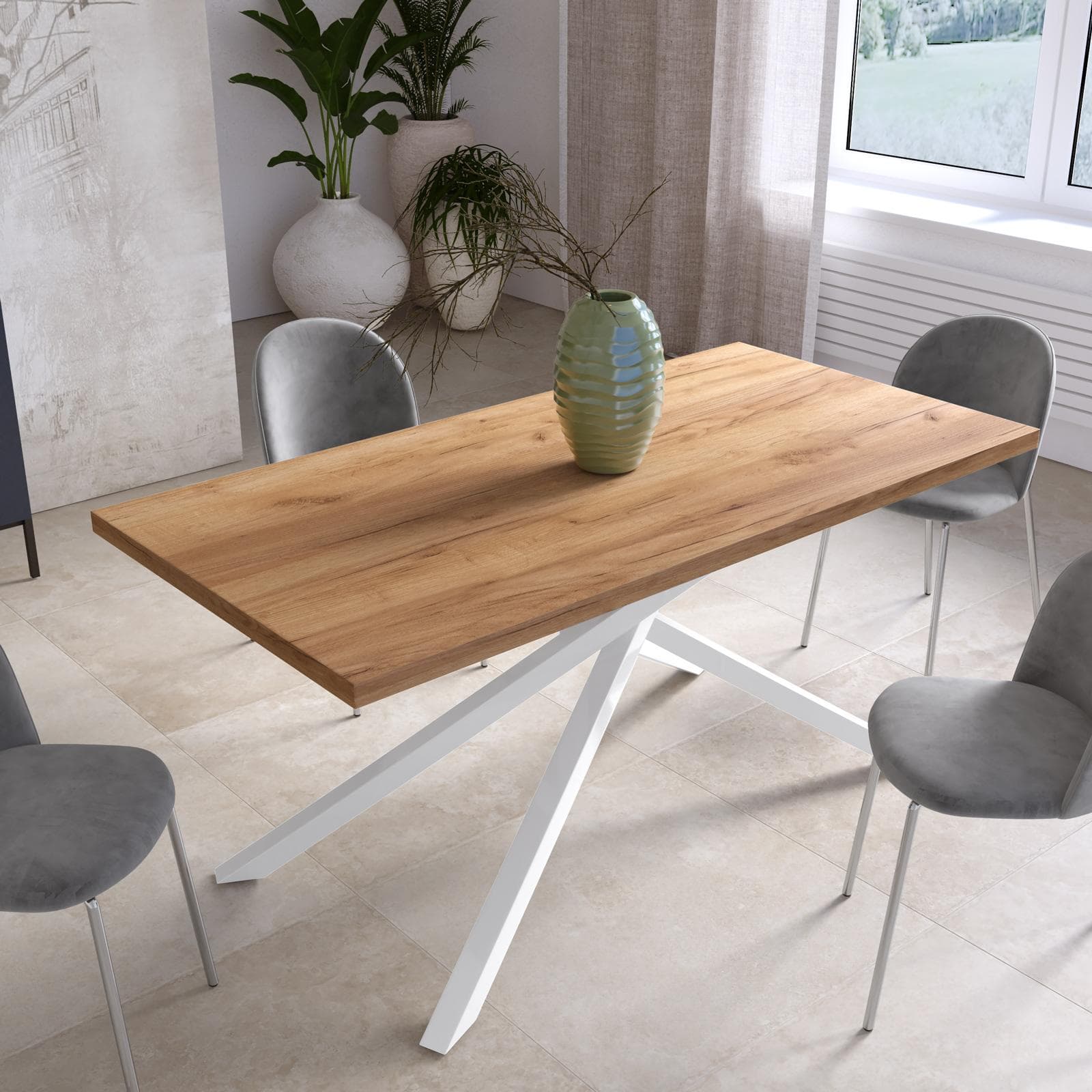 Tavolo da pranzo 150x70 cm top effetto rovere gold 38 mm e gambe incrociate in metallo bianco – Arkeo