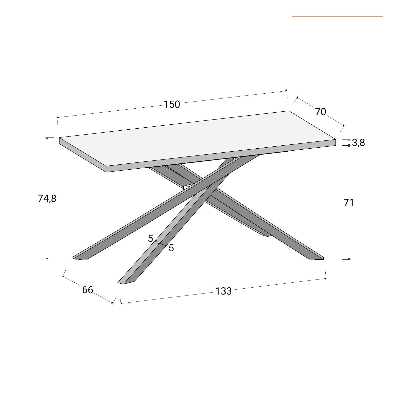 Tavolo da pranzo 150x70 cm top effetto rovere gold 38 mm e gambe incrociate in metallo bianco – Arkeo