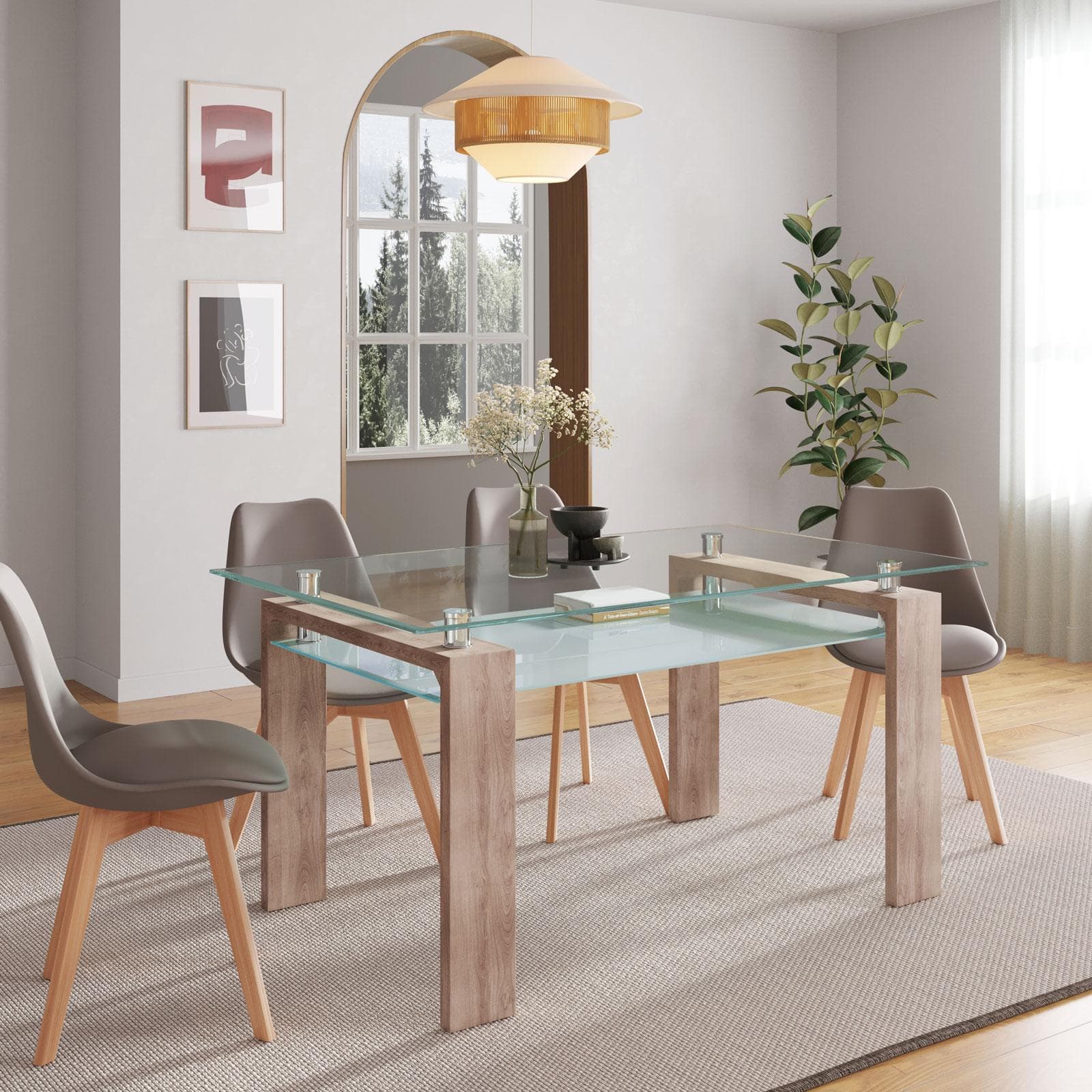Tavolo da pranzo 150x90 cm con top in vetro e gambe effetto rovere chiaro - Savannah