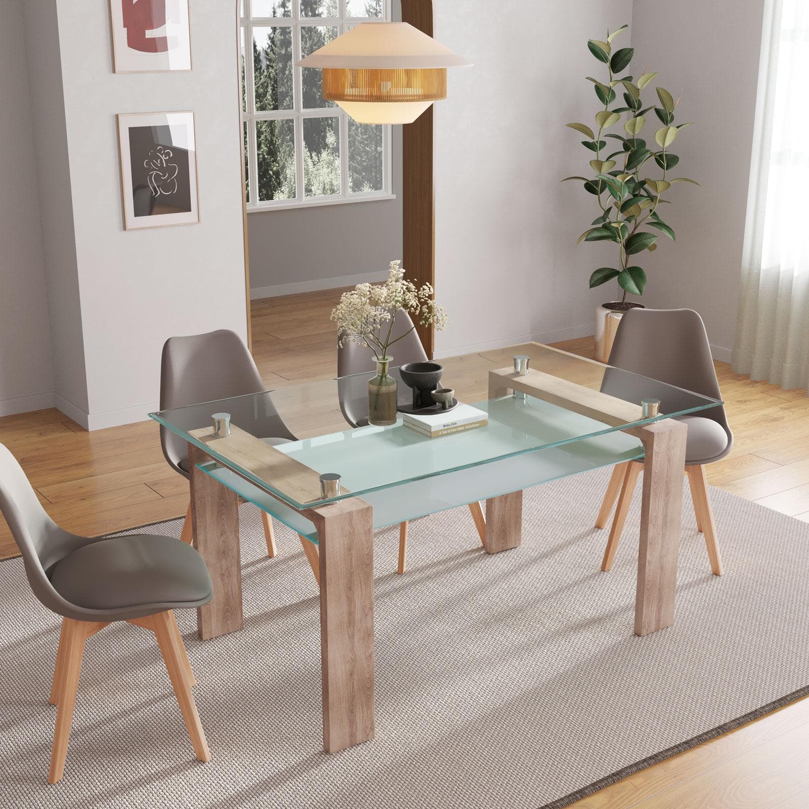 Tavolo da pranzo 150x90 cm con top in vetro e gambe effetto rovere chiaro - Savannah