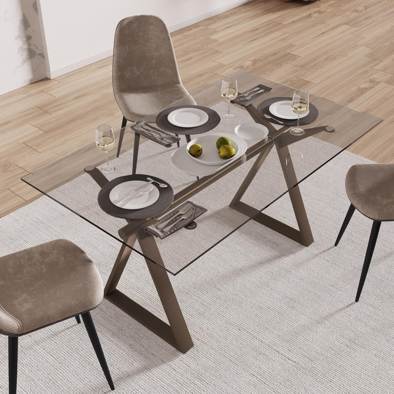 Tavolo da pranzo 150x90 cm piano vetro temperato 10 mm e base in acciaio bronzo - Masao
