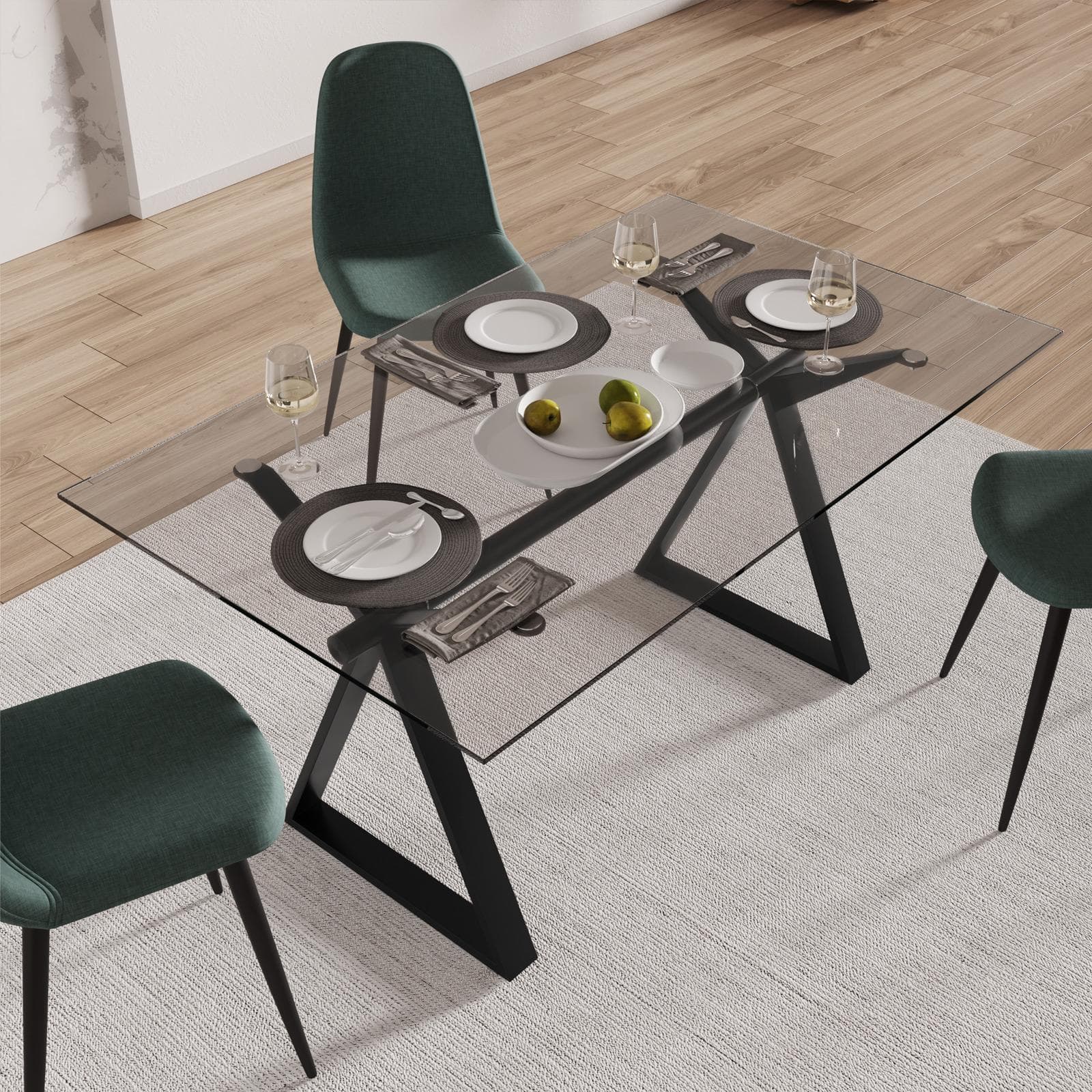 Tavolo da pranzo 150x90 cm piano vetro temperato 10 mm e base in acciaio nero - Masao