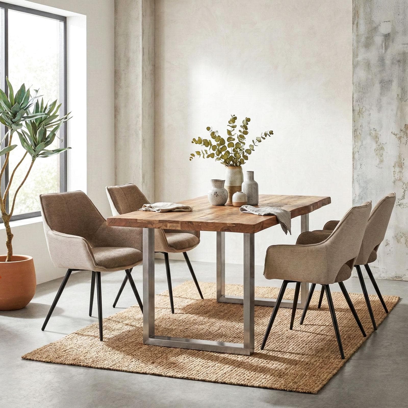 Tavolo 160x90 cm piano in legno di acacia 55 mm e gambe a U in metallo cromo - Freia Acacia