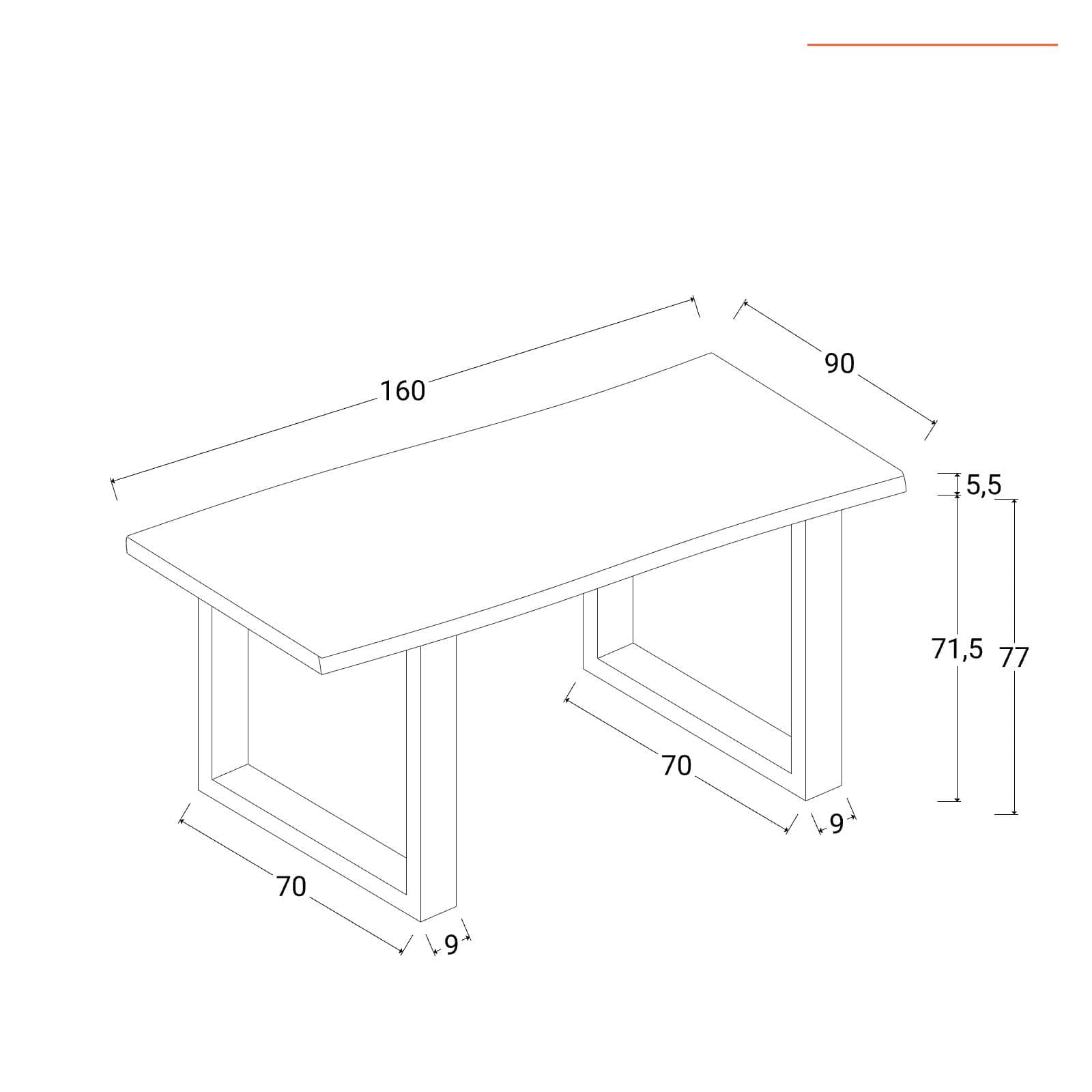 Tavolo 160x90 cm piano in legno di acacia 55 mm e gambe a U in metallo cromo - Freia Acacia